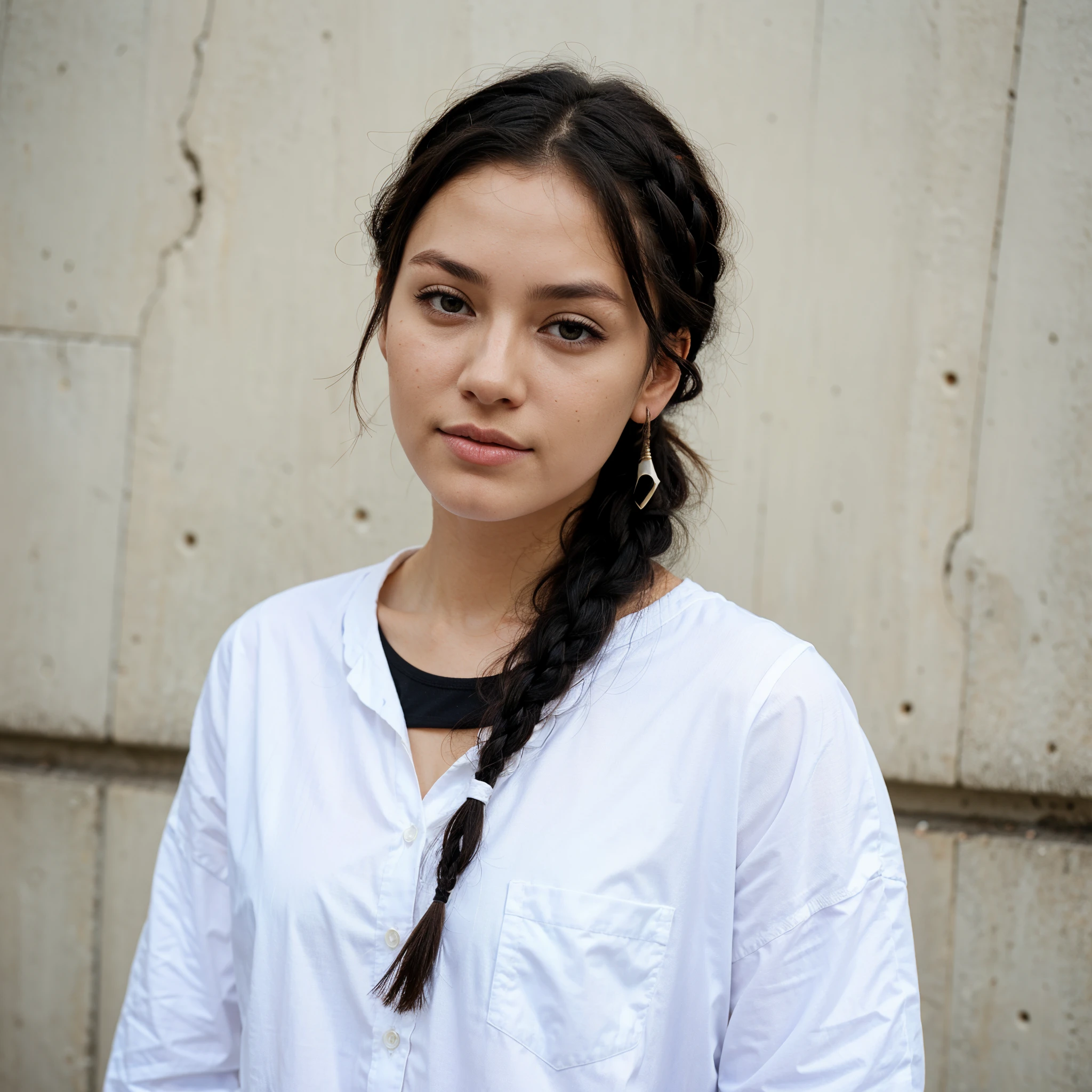 black hair, braided, black eyes, white shirt