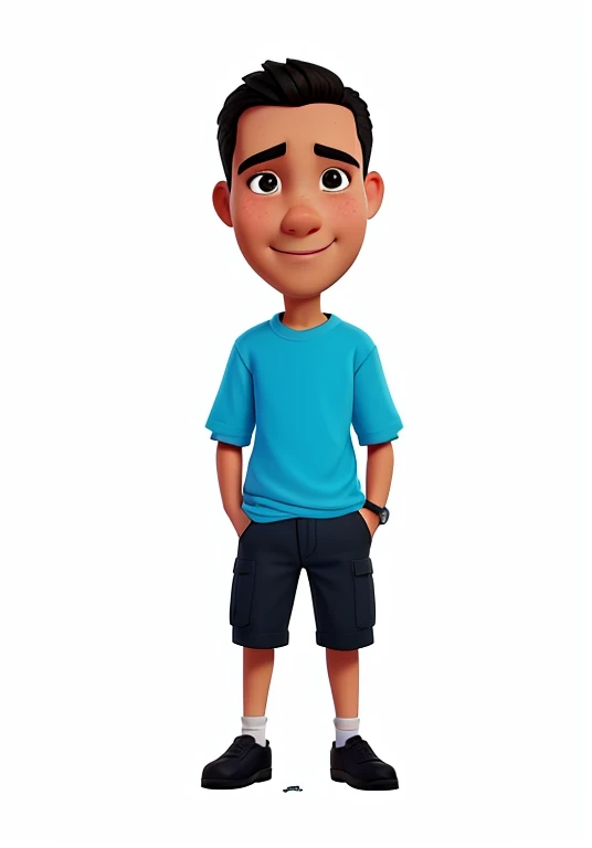 Cartoon boy in blue shirt and black shorts standing with hands in pockets, in cartoon style, arte dos desenhos animados, Estilo de caricatura, charicatura, Avatar da parte superior do corpo, arte digital dos desenhos animados, Cartoon style illustration, Retrato de corpo inteiro do personagem, retrato dos desenhos animados, desenhos animados realistas, !!retrato de corpo inteiro!!, estilo de arte dos desenhos animados, corpo inteiro ou retrato, retrato de corpo inteiro de um curto!