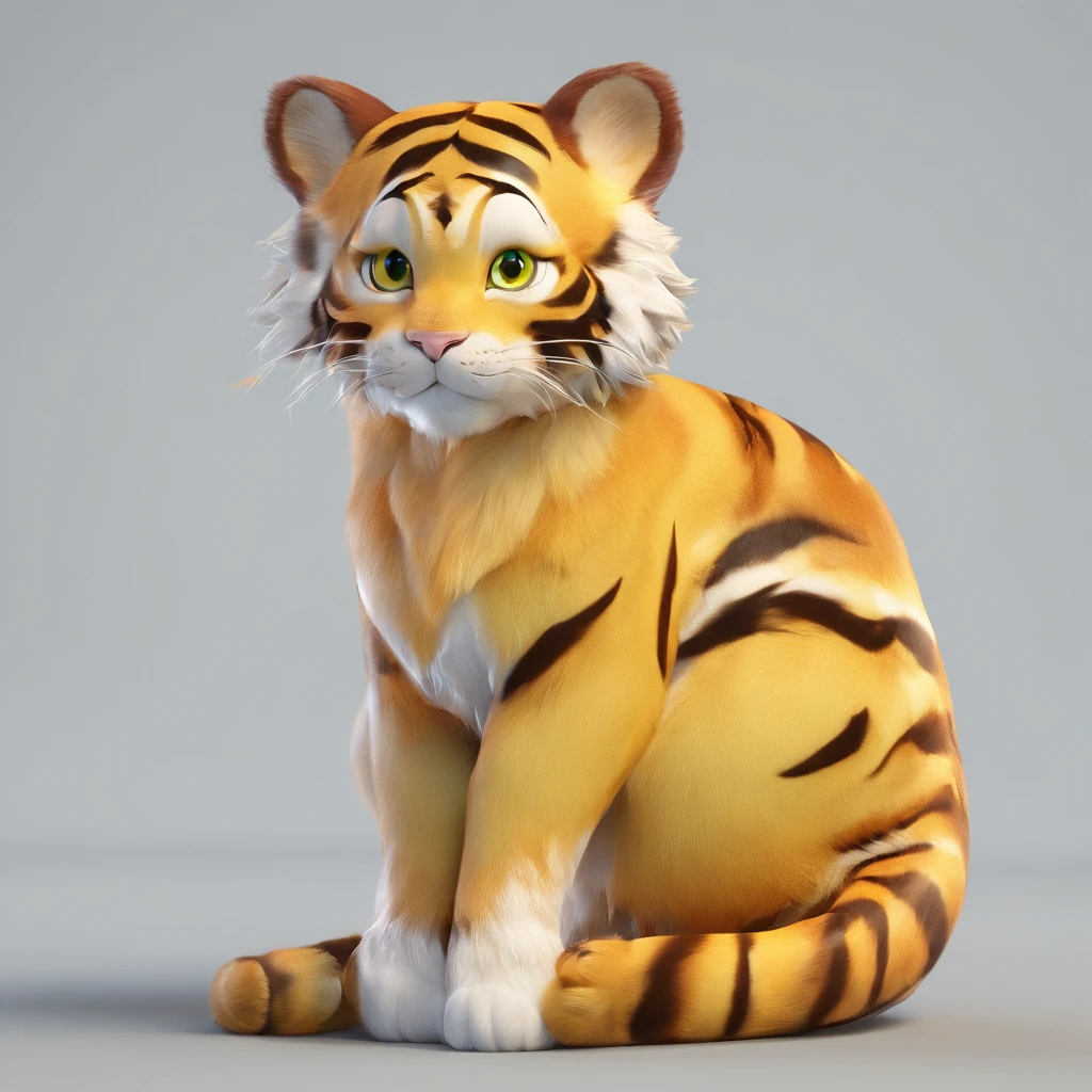 Créez un personnage de style Pixer, chaton tigré, cheveux clairs, yeux jaunes,,