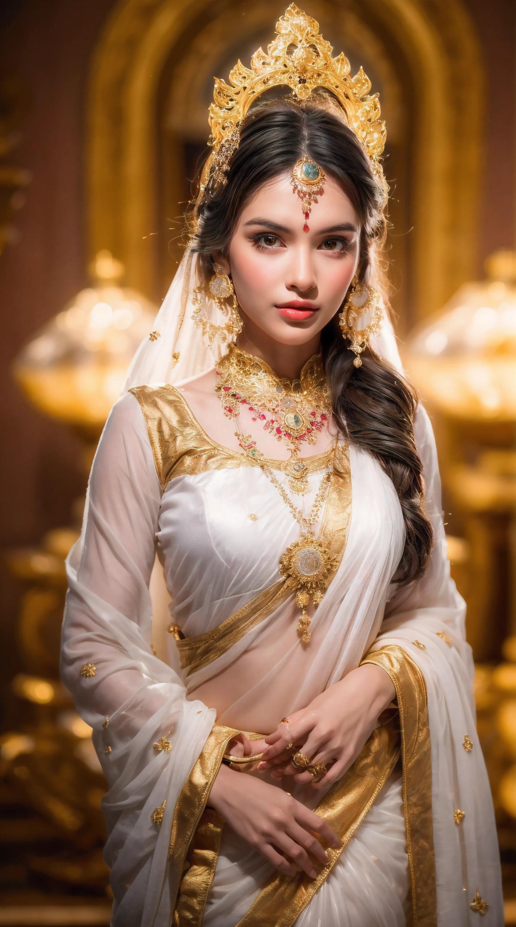 ((Best quality, 8k, Masterpiece :1.3)), Sharp focus :1.2, Generate a realistic image of a beautiful cute young Indian woman dressed in a white Kasava saree, adorned with traditional ornaments, standing in a well-lit room with cinematic lighting. ((Front view, random elegant pose)), and there is a sense of grace and elegance in her posture. The background should complement the scene, enhancing the overall aesthetic appeal of the image. Photography by Brandon Woelfel, Full shot: Canon EF 16-35mm f/2.8L III USM lens on a Canon EOS 5D Mark IV camera, ultra realistic, 32k, HD