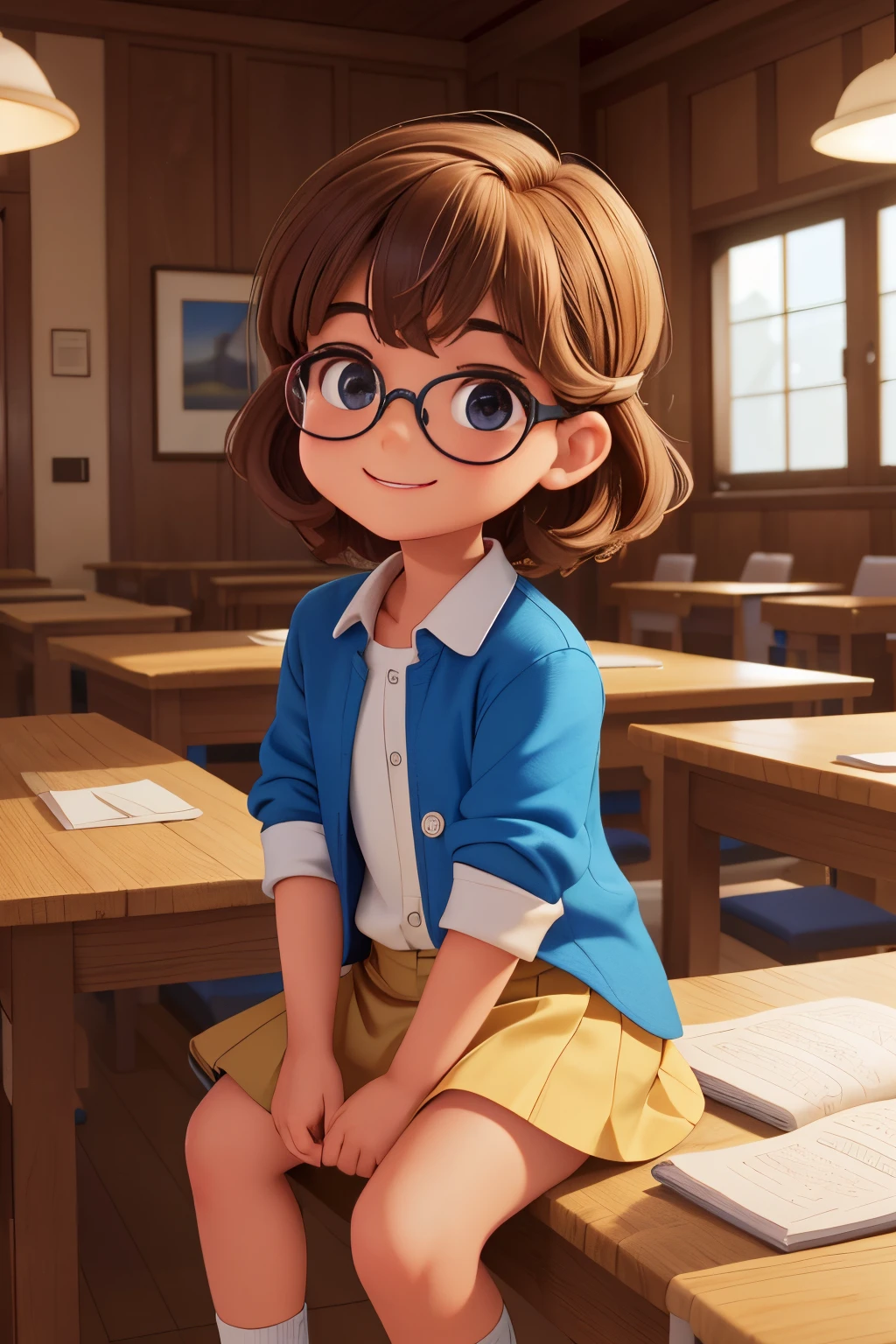 (Um pequeno peito:1.3),(master part, best quality:1.4), (Beautiful, aesthetic, perfeito, delicado, intrincado:1.2),((best quality)), ((master part)), (circunstanciado),(A high resolution:1.2), sala de aula, An adult female, Claudia Chever sorridente, camisa vermelha, saia branca, glasses, dobrar, angle of view,