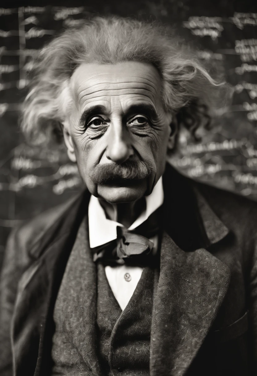 scientist Albert Einstein looking to the side with great anger, a rare moment of intense anger asking for silence with a finger in his mouth,, mysterious by Anne Brigman, vintage retrocore, daguerrotype, polaroid instax., photo, cinematic