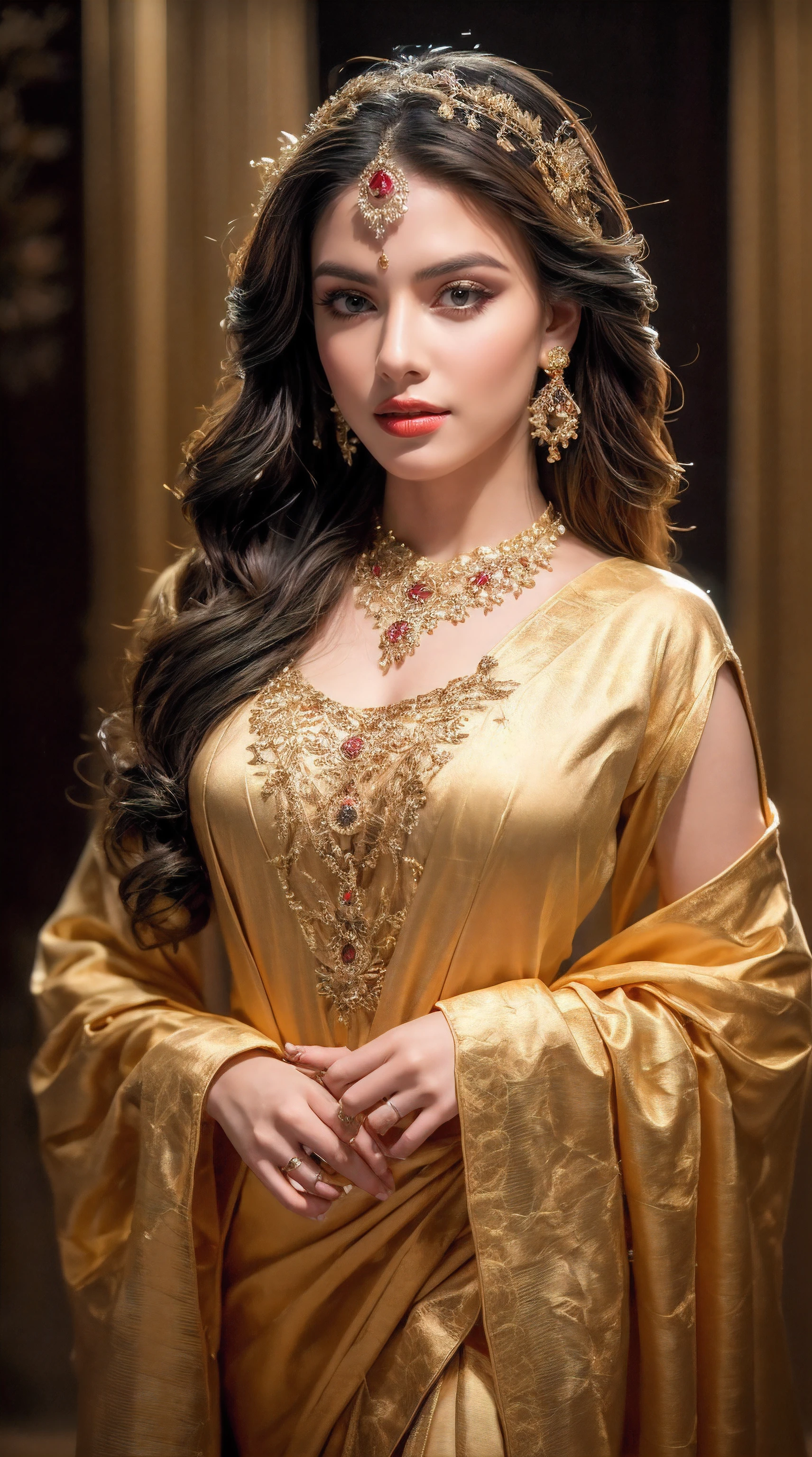 ((Best quality, 8k, Masterpiece :1.3)), Sharp focus :1.2, Generate a realistic image of a beautiful, cute beauty dressed in a stunning dress, adorned with traditional ornaments, standing in a well-lit room with cinematic lighting. ((Front view, random elegant pose)), and there is a sense of grace and elegance in her posture. The background should complement the scene, enhancing the overall aesthetic appeal of the image. Photography by Brandon Woelfel, Full shot: Canon EF 16-35mm f/2.8L III USM lens on a Canon EOS 5D Mark IV camera, ultra realistic, 32k, HD