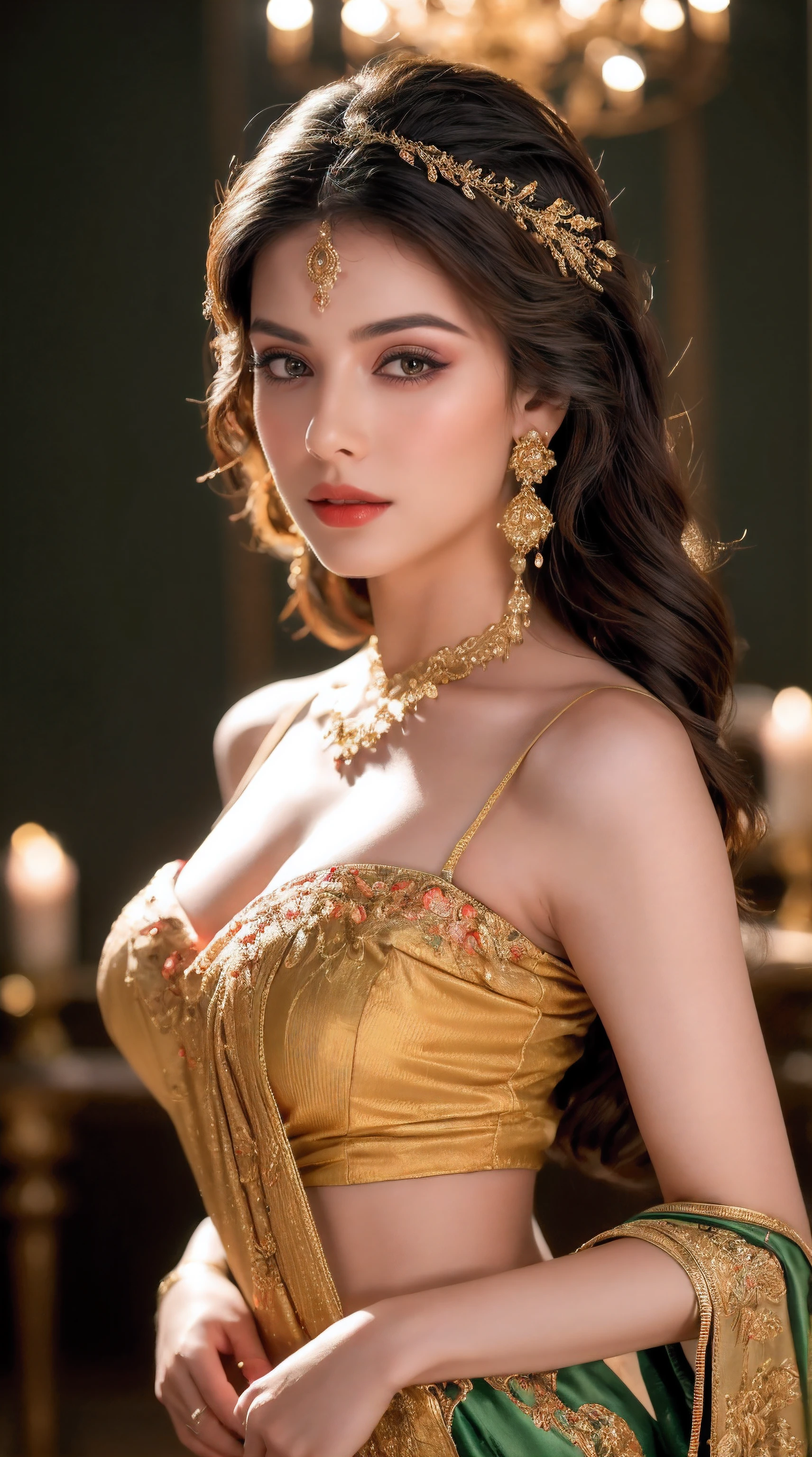 (Night Scene, Realistic Light, Best Quality, 8k, Masterpiece: 1.3)), 1 Girl, Slim Body Beauty: 1.4, Brown Hair, (Big: 1.3),  in indian dress: 1.3, Ultra Detailed Face, Detailed Eyes, Double Eyelids, in club, full length from head to toe photo