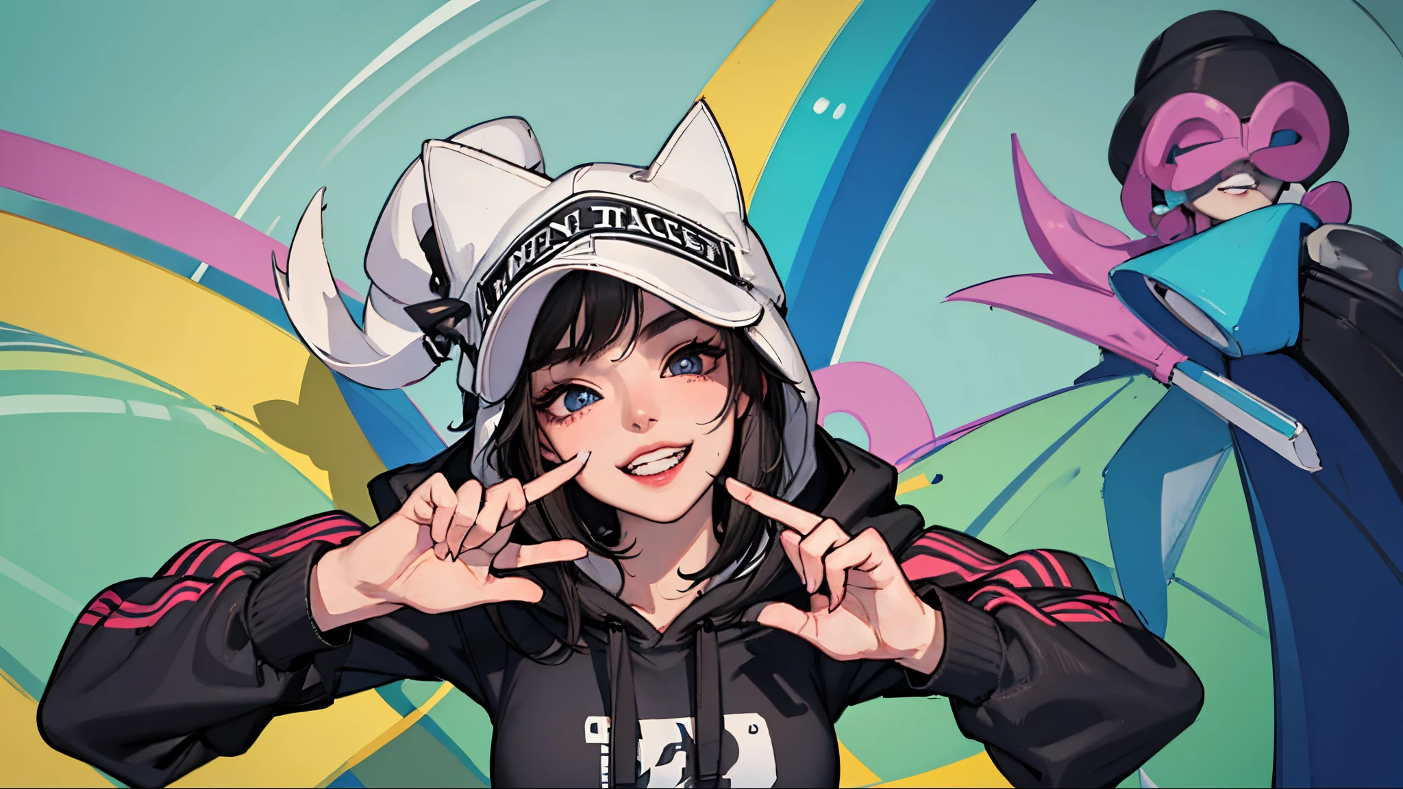 masterpiece, best quality, 1 girl, solo, girl wearing hat, black haired girl, hoodie, wearing hoodie detailed fingers, detailed hands, detailed face, detailed lips, detailed eyes, detailed eyebrows, detailed arms, detailed hands, detailed hairs, detailed clothes, pretty face, pretty lips, pretty mouths, pretty eyes, realistic, women grinning, pretty nose, pretty eyelids, women pointing to camera, moustache, pretty face, pretty hands, no blurs, 4k resolution, high definition image, index finger opened mouth, teeth showing, grin, normal skin color