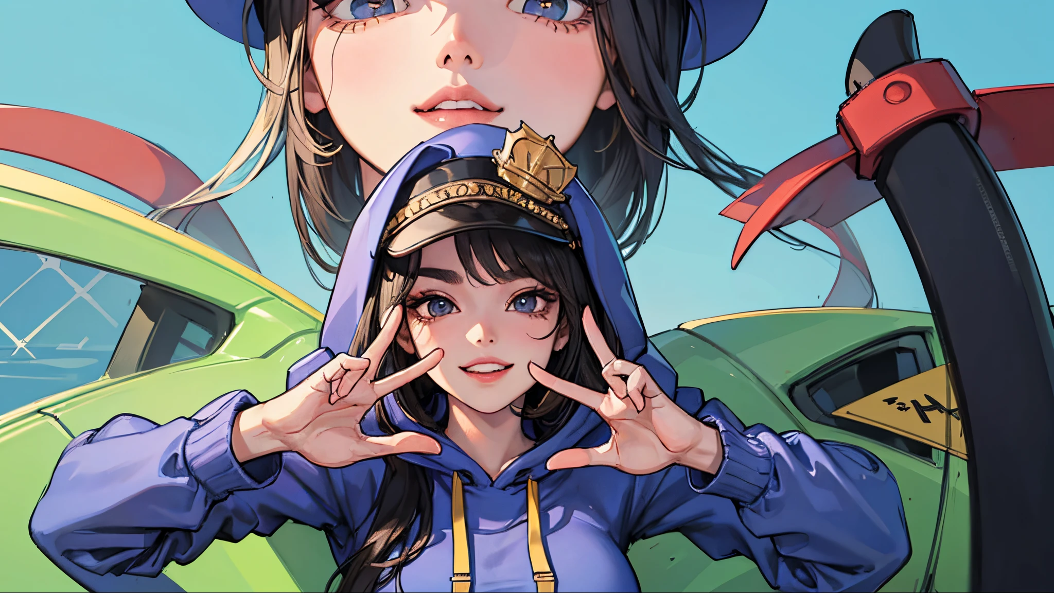 masterpiece, best quality, 1 girl, solo, girl wearing hat, black haired girl, hoodie, wearing hoodie detailed fingers, detailed hands, detailed face, detailed lips, detailed eyes, detailed eyebrows, detailed arms, detailed hands, detailed hairs, detailed clothes, pretty face, pretty lips, pretty mouths, pretty eyes, realistic, women grinning, pretty nose, pretty eyelids, women pointing to camera, moustache, pretty face, pretty hands, no blurs, 4k resolution, high definition image, index finger opened mouth, teeth showing, grin, normal skin color