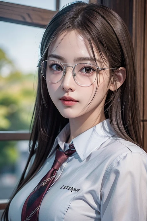 Photorealistic, masutepiece, Best Quality, Raw photo, 1girl in, Solo, Long hair, Brown hair, Detailed face, alluring face, Collared shirt, medium breasts, Dynamic Pose, (thin silver-rimmed glasses:1.2)、 Looking at Viewer, From below, Detailed background, fine detailed, intricate detailes, Ray tracing, depth of fields, lowkey, nffsw
