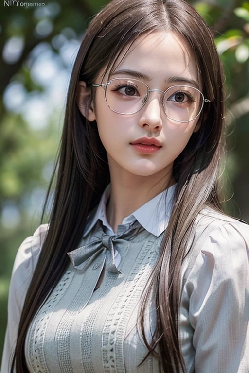 Photorealistic, masutepiece, Best Quality, Raw photo, 1girl in, Solo, Long hair, Brown hair, Detailed face, alluring face, Collared shirt, medium breasts, Dynamic Pose, (thin silver-rimmed glasses:1.2)、 Looking at Viewer, From below, Detailed background, fine detailed, intricate detailes, Ray tracing, depth of fields, lowkey, nffsw