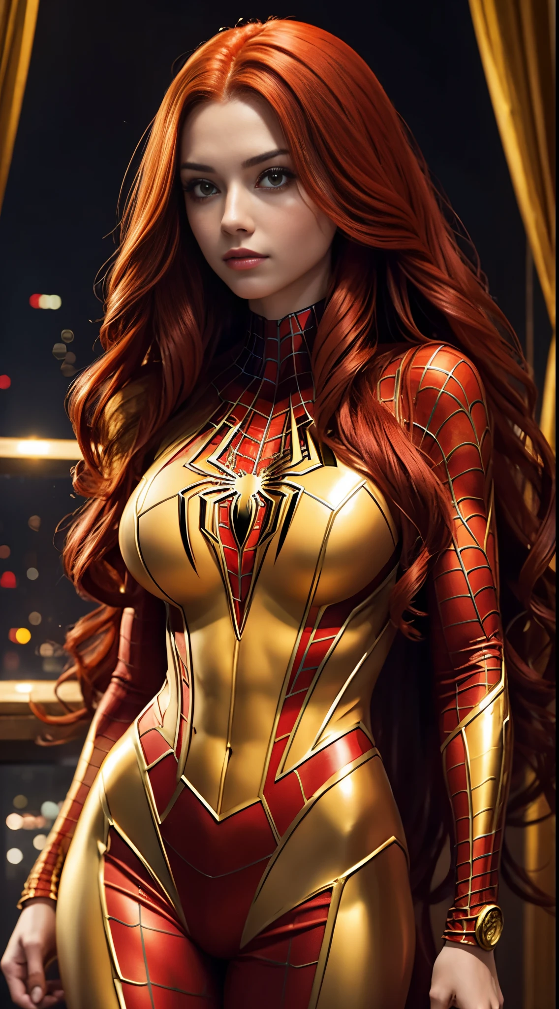 A beautiful woman with long red hair wearing a golden Spider-Man outfit