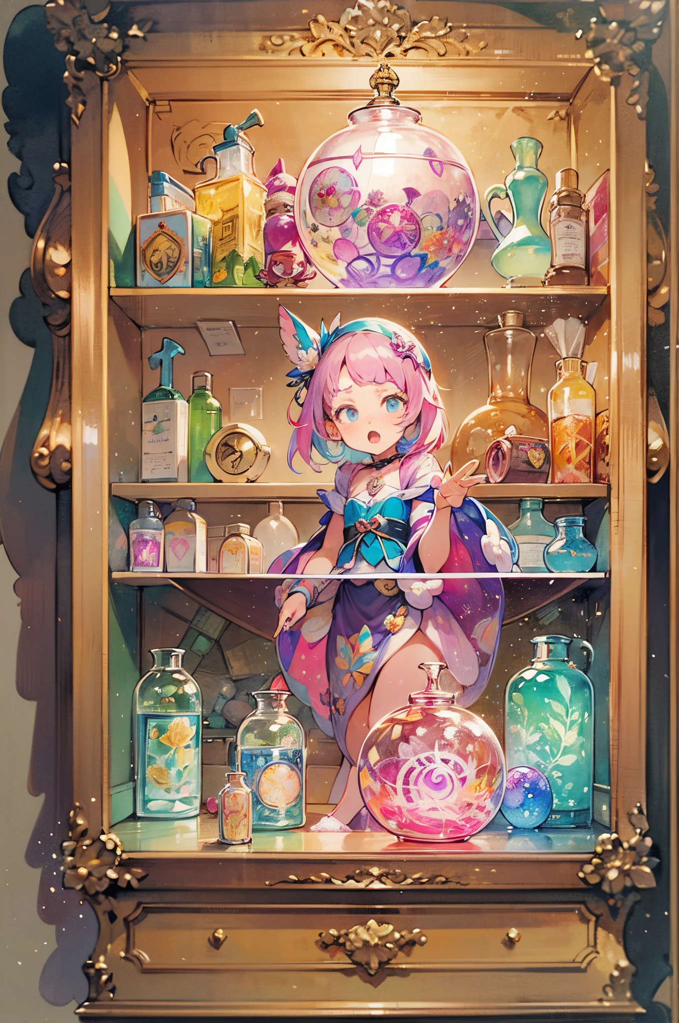 (World of Fantasy) Magical girl guarding a magical medicine cabinet. She chants a magic spell by waving her wand at anything that comes near her. 'If you come any closer, I'll smash you into a million pieces! she warns. The magical medicine cabinet is filled with colorful neon glowing bottles.(watercolor paiting) (Colored pencil outline) (Dull but vibrant colors) (Super delicate lines) (masutepiece) (Fantastic atmosphere) (Very high quality)(Contemporary art like a picture book drawn in a flat shape)(jumbled)