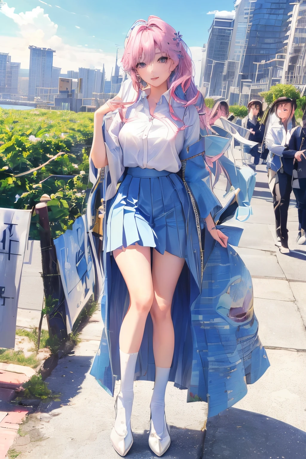official art, masterpiece, sharp focus, (beautiful gorgeous cute korean woman:1.3), (beautiful cute korean woman:1.3), korean beauty, delicate and beautiful hair and eyes and face, realistic, super detailed, beauty girl, blue sky, glow white particles, (side light: 1.2), sunshine, white clouds, fine clouds, slender, pretty breasts and big buttocks, smile with teeth, ((laugh with eyes, open both eyes )), scenery, long straight hair, sexy look, buildings, (cityscape: 1.7), dynamic hair, long straight hair, detailed platinum pink hair, sparkling blue eyes, (blue pleated shirt + white skirt) , white long socks, white skin, hair ornaments, magnificent scenery,