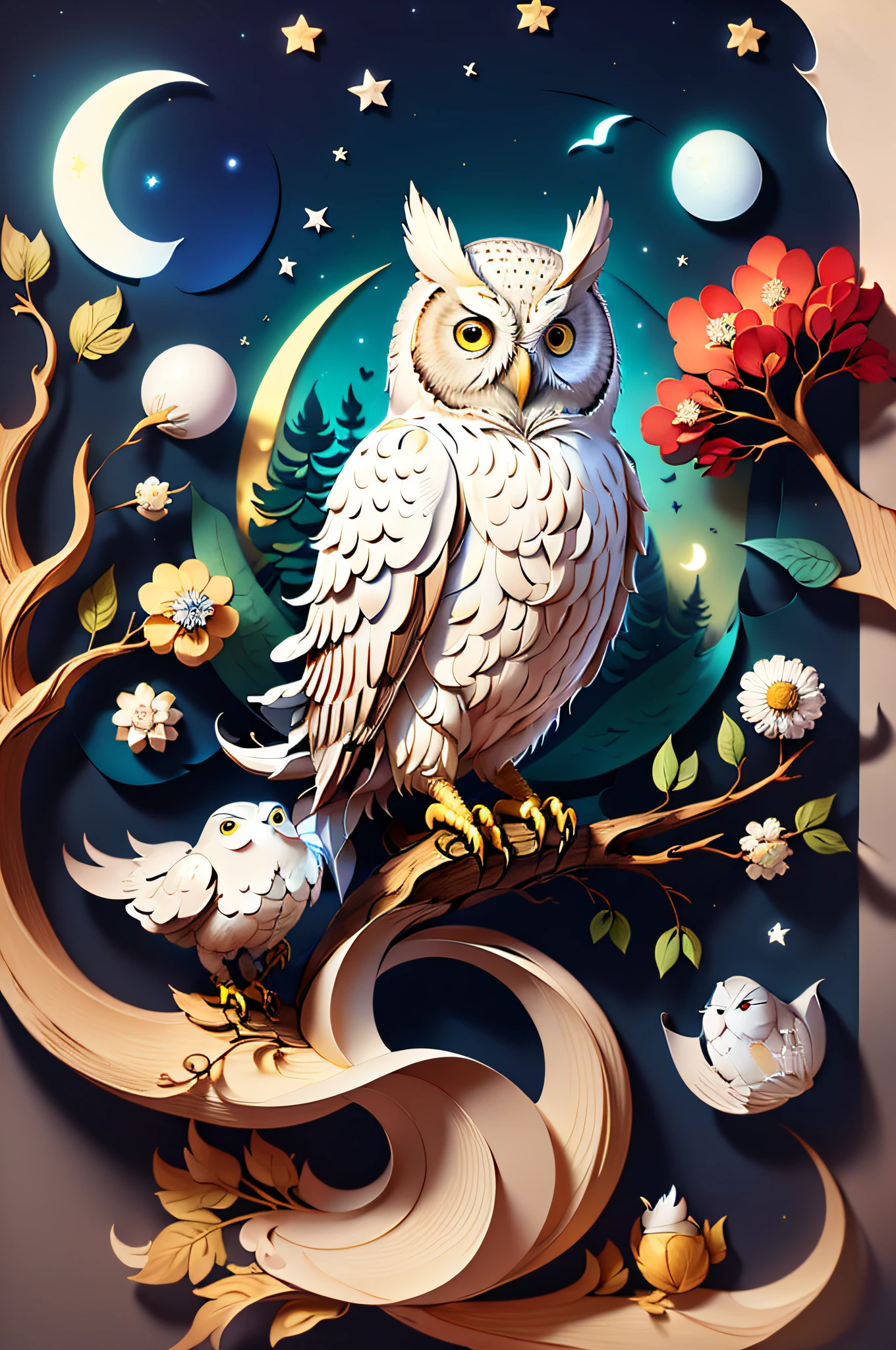 (((masterpiece))),bestquality,illustration,beautifuldetailedglow, paper_cut, owl, tree,moon,
