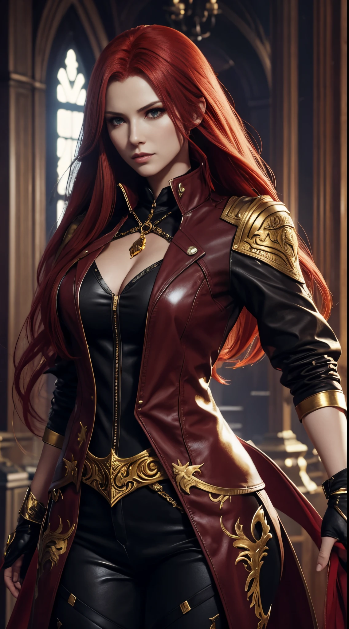 A beautiful woman with long red hair wearing a golden devil may cry 5 vergil outfit
