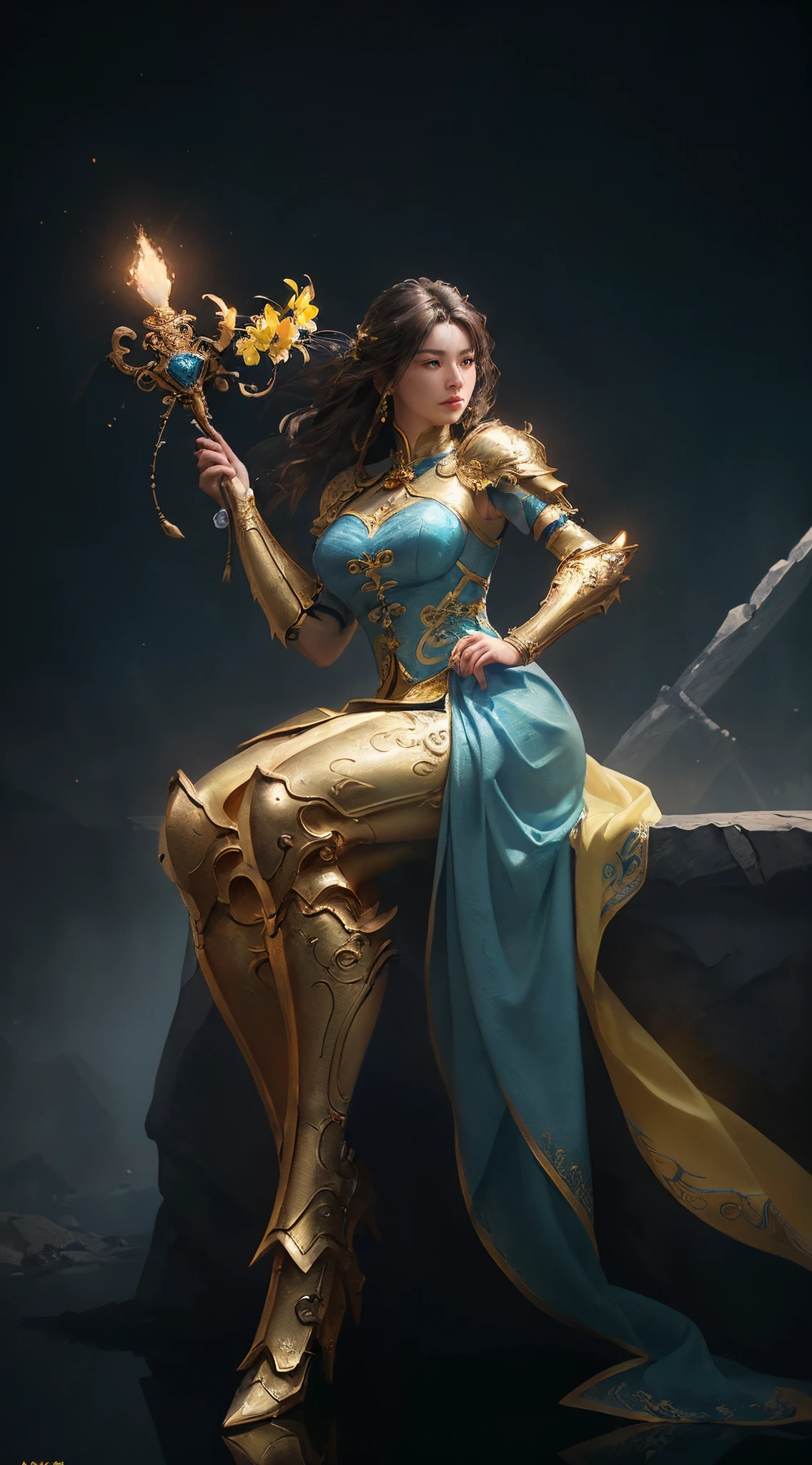 a close up of a woman in a yellow and blue dress, big chest, full body, chengwei pan on artstation, by Yang J, detailed fantasy art, stunning character art, fanart best artstation, epic exquisite character art, beautiful armor, extremely detailed artgerm, detailed digital anime art, artgerm on artstation pixiv, armor girl
