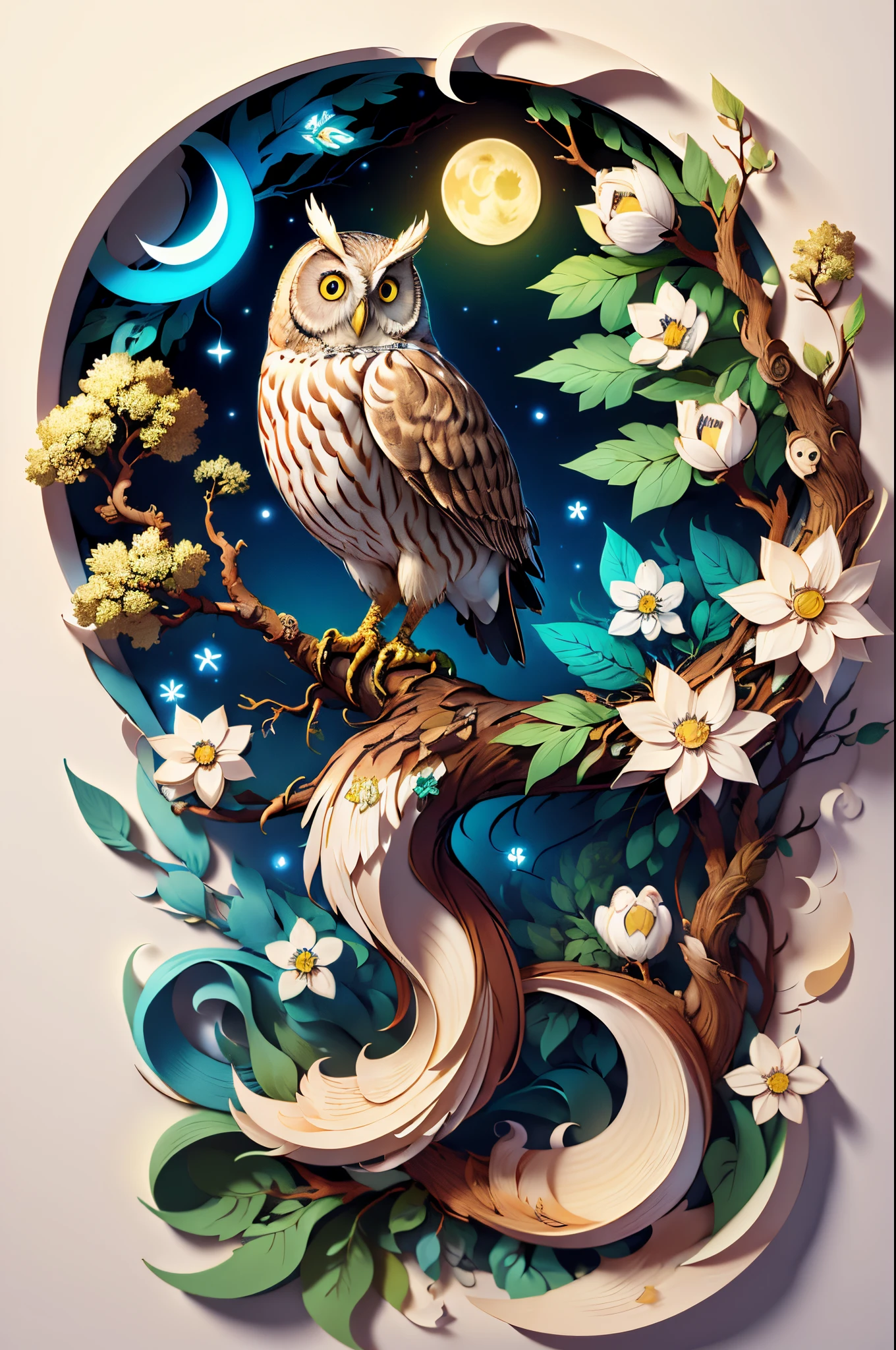 (((masterpiece))),bestquality,illustration,beautifuldetailedglow, paper_cut, owl, tree,moon,