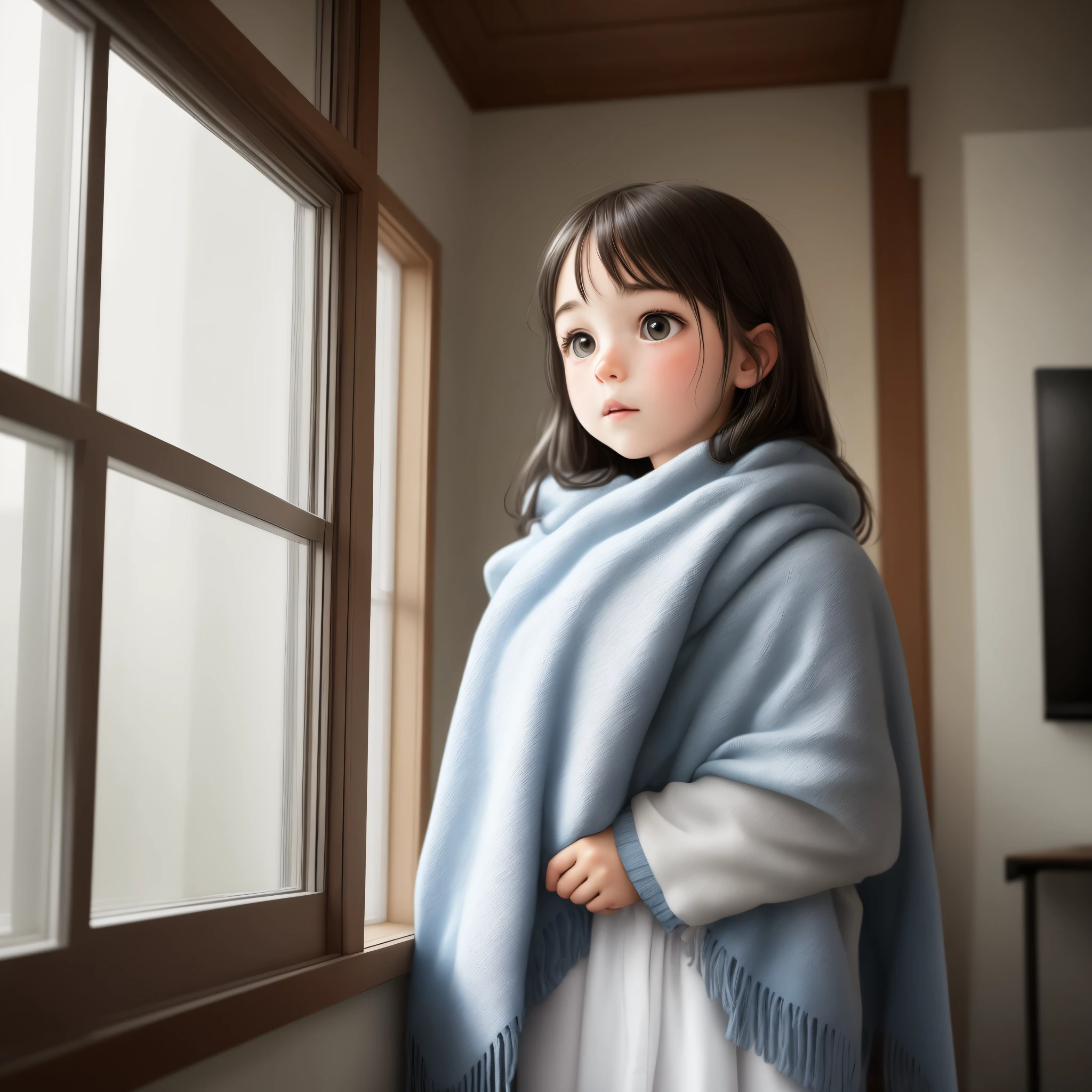 Nervous girl with blanket standing in front of a window