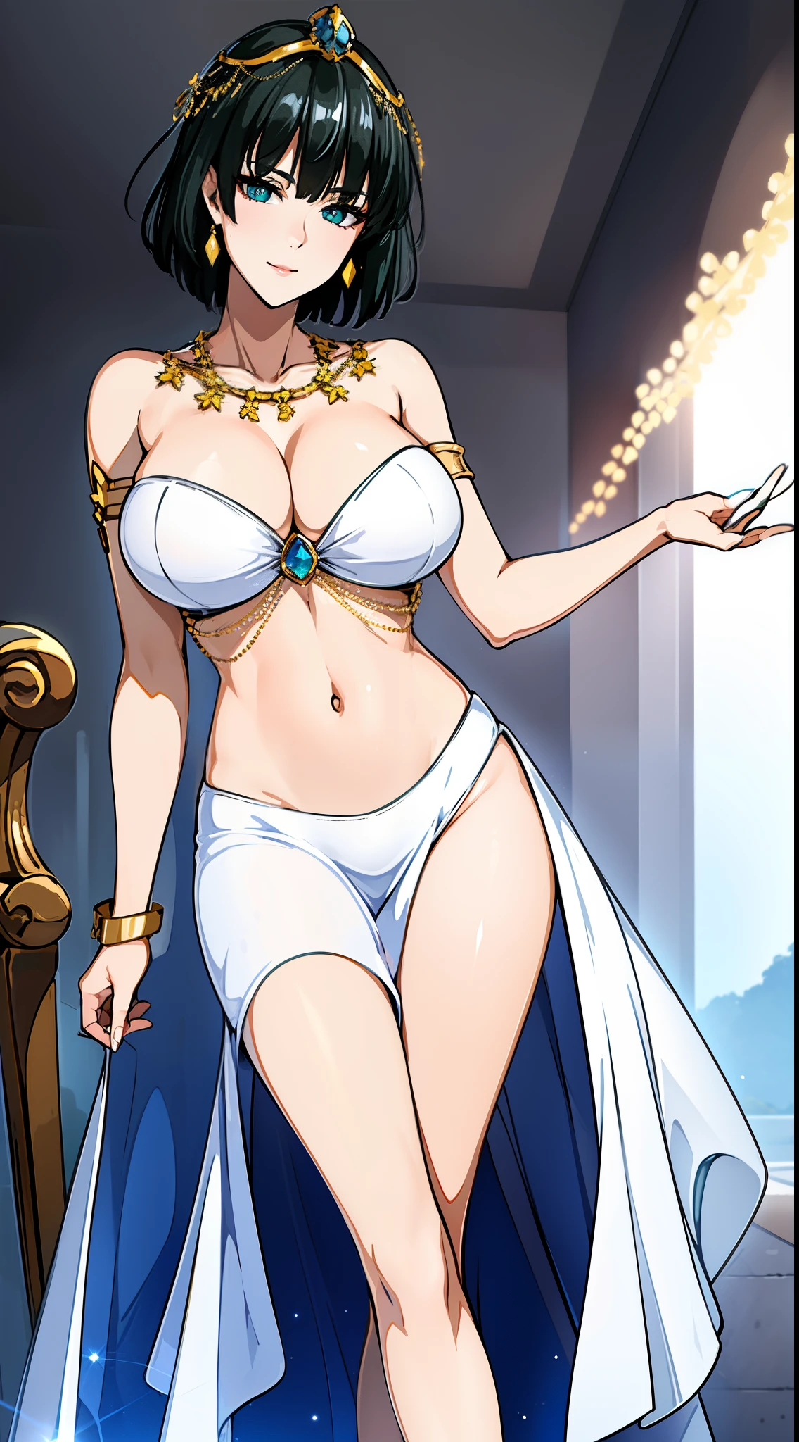 Simple white background,glitter,
barefoot,white dress,cleavage,collarbone, Navel,bare shoulders, Gold leaf on head,
bracelet, earrings, jewelry, gem,Pearl, Green eyes gold necklace, Black hair,explosions,short hair hair,
1girll, 20yo,young woman,Beautiful Finger,Beautiful long legs,Beautiful body,
Beautiful Nose,Beautiful character design, perfect eyes, perfect face,expressive eyes,Perfect balance,
looking at the scenes,(Focus on her face.),closed mouth, (innocent_Large_Eyes:1.0),(light_smile:0.3),
formal art,Highly detailed CG module 8K rear, perfect illumination,Colored, bright_front_face_lighting,white-skinned,
(巨作:1.0),(best_quality:1.0), very high resolution,4k,A highly detailed,
photography, 8k, hdr, highres, absurdres:1.2, Kodak portra 400, grain du film, blurry background, bokeh:1.2, lens flare, (vibrant_color:1.2),professional photo,
(A beautiful,Large_breasts:1.4), (A beautiful_face:1.5),(narrow_waist), standing huge breasts smile closed mouth lipstick green lips high heels