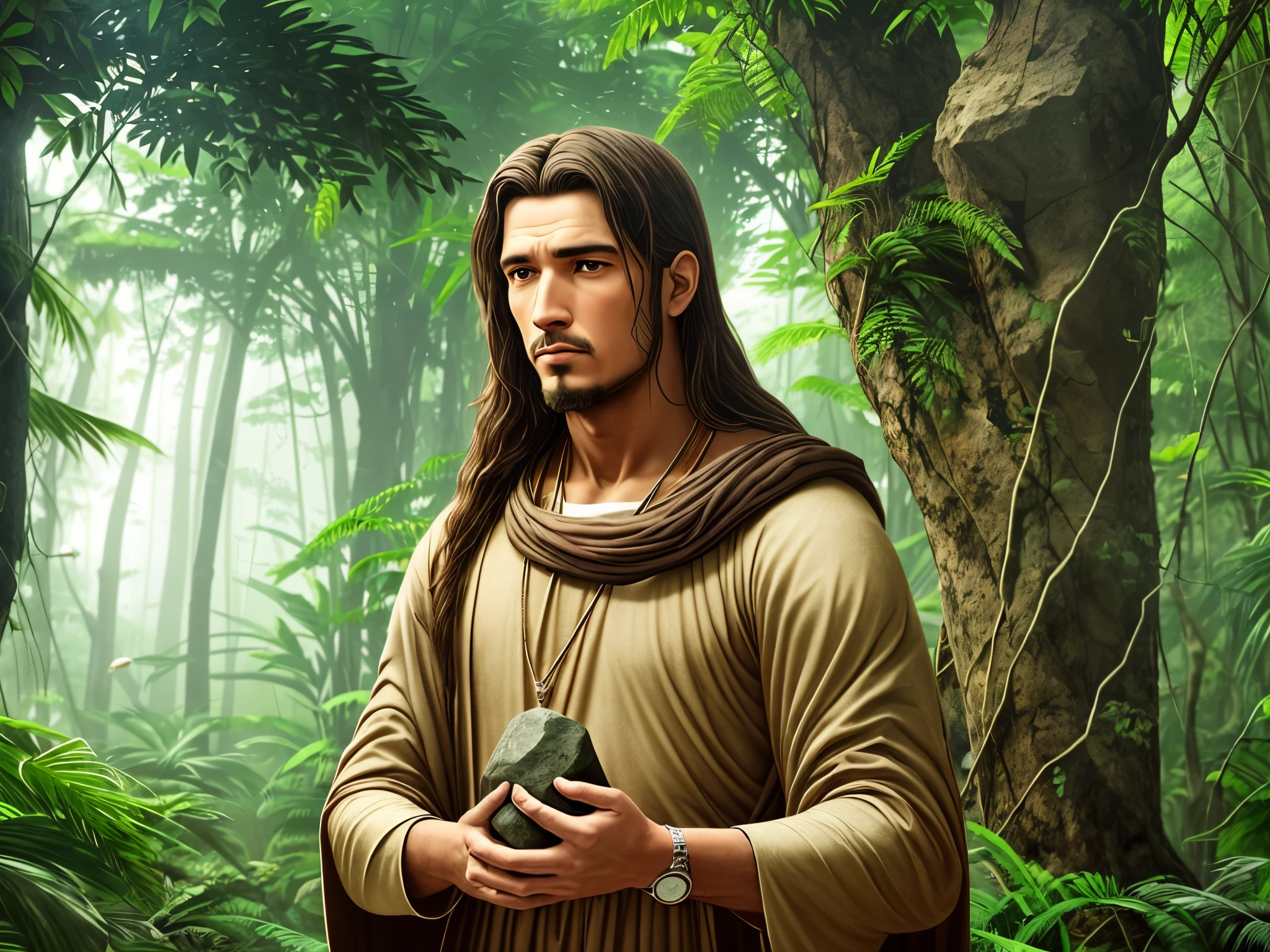 A saint and a man in the jungle. Holding stone -- ar 3:2 --auto --s2