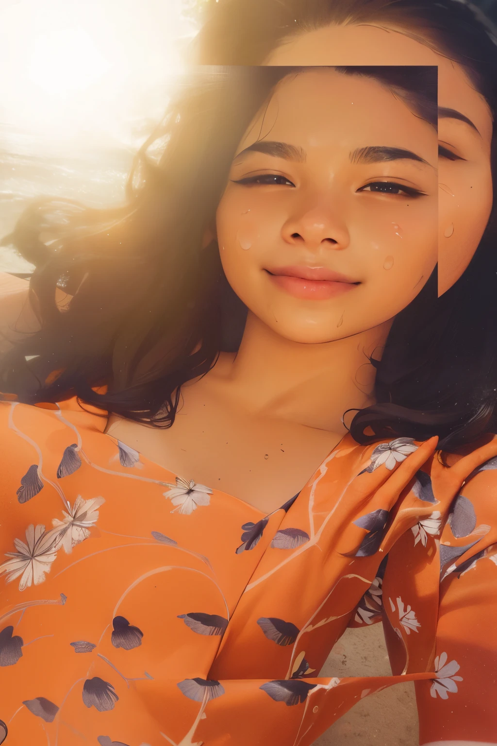 beautiful, lighting, masterpiece, best quality, 1girl, solo, swimmer, bikini, stylish bikini, (flat chest:1.3), tan line, portrait shot, looking at viewer, smiling, happy, detailed face, detailed eyes, detailed hair, partially submerged, outdoor pool, wet skin, wet hair, high quality water, HD, 4k, ultra setting, livy renata, sam yang