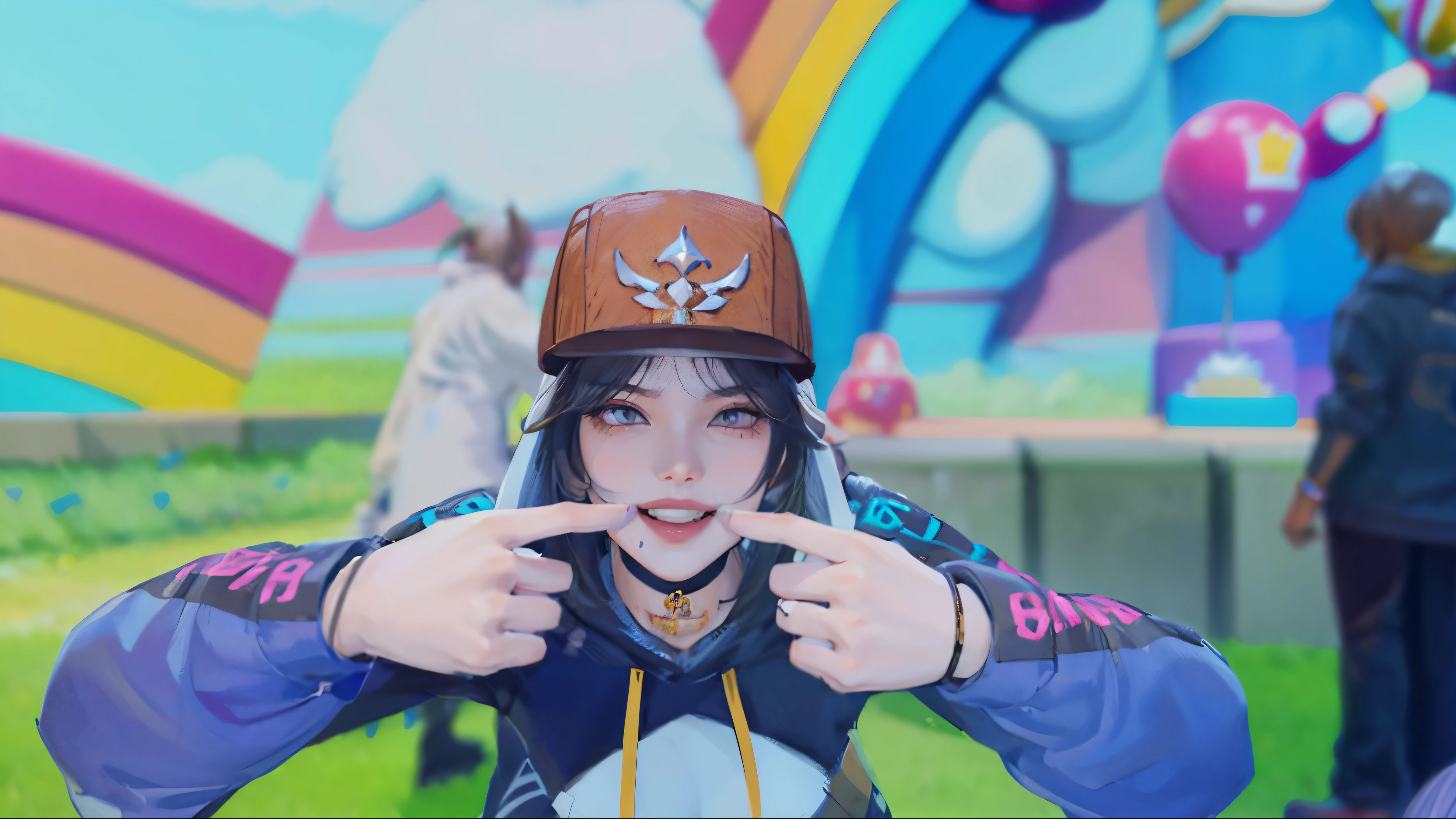 masterpiece, best quality, 1 girl, solo, girl wearing hat, black haired girl, hoodie, wearing hoodie detailed fingers, detailed hands, detailed face, detailed lips, detailed eyes, detailed eyebrows, detailed arms, detailed hands, detailed hairs, detailed clothes, pretty face, pretty lips, pretty mouths, pretty eyes, realistic, women grinning, pretty nose, pretty eyelids, women pointing to camera, moustache, pretty face, pretty hands, no blurs, 4k resolution, high definition image, index finger opened mouth, teeth showing, grin, normal skin color, female wearing necklace with heart, female wearing bracelet