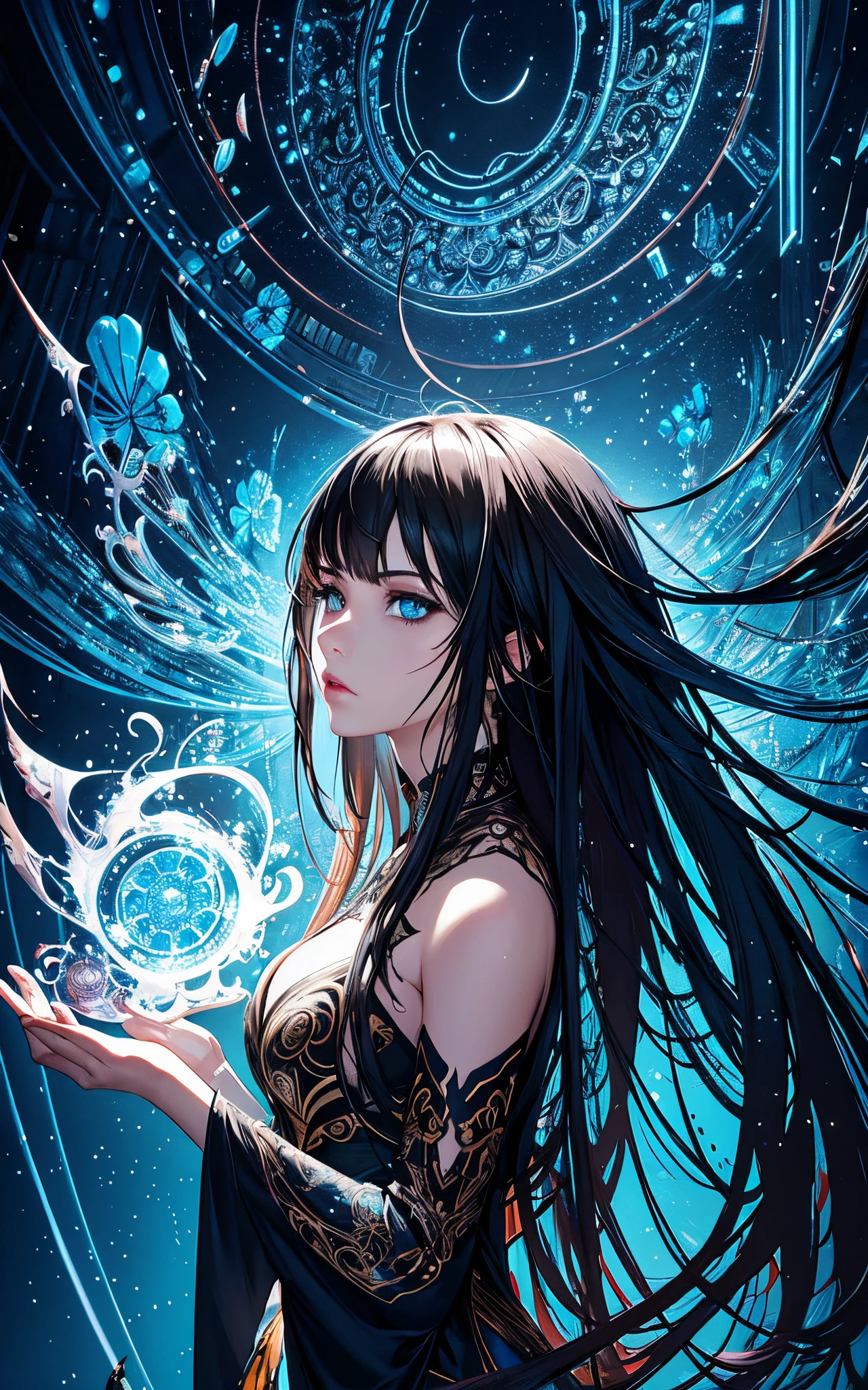 ultra-detailed artistic abstract beautiful indigenous woman with long black hair, magic with bioluminescent filigree, geometric photography, 32k fashion abstract poster, detailed symmetrical blue iris, natural body posture by artist russ mills, art by alberto seveso, by Carne Griffiths, by Wadim Kashin, symmetrical, abstract art style, sharp eyes, digital painting, burst of color, concept art , volumetric lighting, by GIlSam-paio octane rendering depicting innovation and truth, 8k, by Lee Jeffries, Alessio Albi, Adrian Kuipers, glamour, intricate detailed environment, lace, smudges , dark background, masterpiece, ornate, depth - studio Gs perfecty.