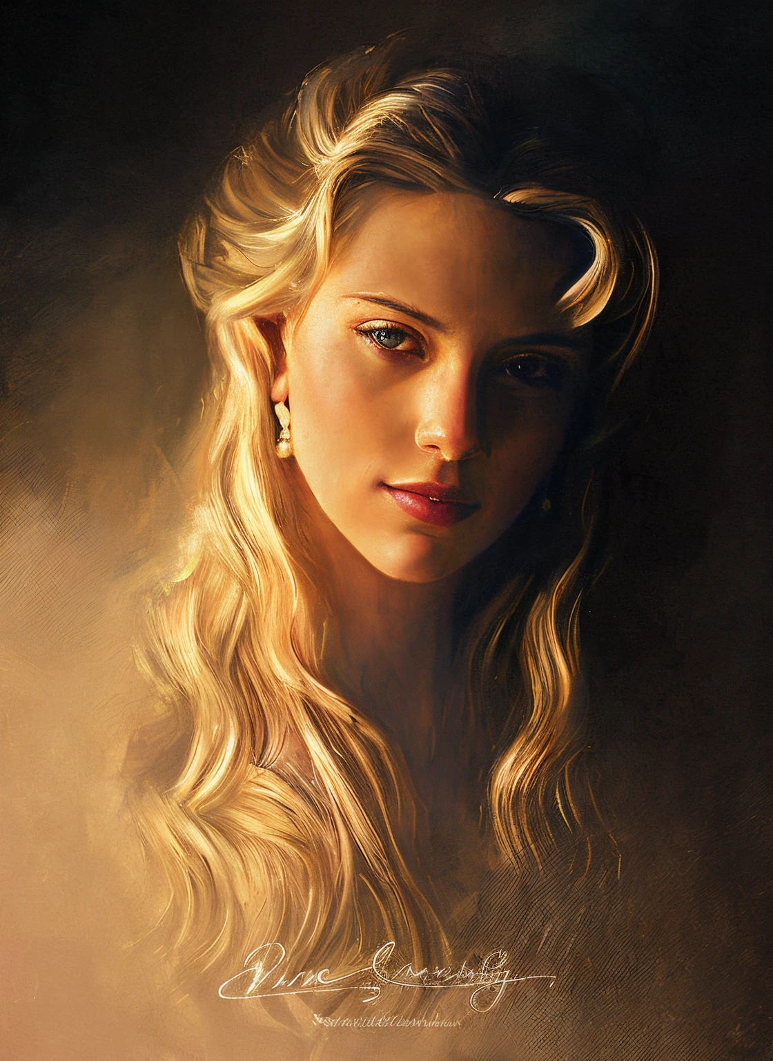 mujer rubia con pelo largo y aretes en un estilo de pintura, gorgeous digital painting, Hermosa pintura de personajes, fantasy portrait art, Retrato de la princesa Zelda, Pintura digital realista, Impresionante pintura digital, digital art oil painting, Pintura digital mate, Galadriel, Pintura digital fotorrealista