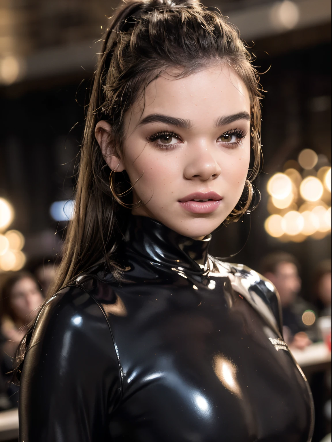 (RAW 8k photo) of beautiful woman (Hailee Steinfeld), edgML_body, long hair, ((best quality)), ((masterpiece)), (realistic, photo-realistic:1.37), DSLR photo, DLSR, Real photo, cowboy shot, smile, looking at viewer, (wearing a crimson latex pencil dress, edgpdress), (highly detailed skin:1.2), midday, natural lighting, makeup, long black hair, perfect eyes, long eyelashes, cleavage, beautiful woman modeling in a dance club, (crimson latex:1.4), shiny, glossy, Hailee Steinfeld, (best quality,4k,8k,highres,masterpiece:1.2),ultra-detailed,realistic,professional, sexy,beautiful detailed eyes,beautiful detailed lips,long eyelashes,radiant skin,flowing hair,sexy Hailee Steinfeld, sensual expression,gorgeous makeup, feminine silhouette,soft lighting,vivid colors,