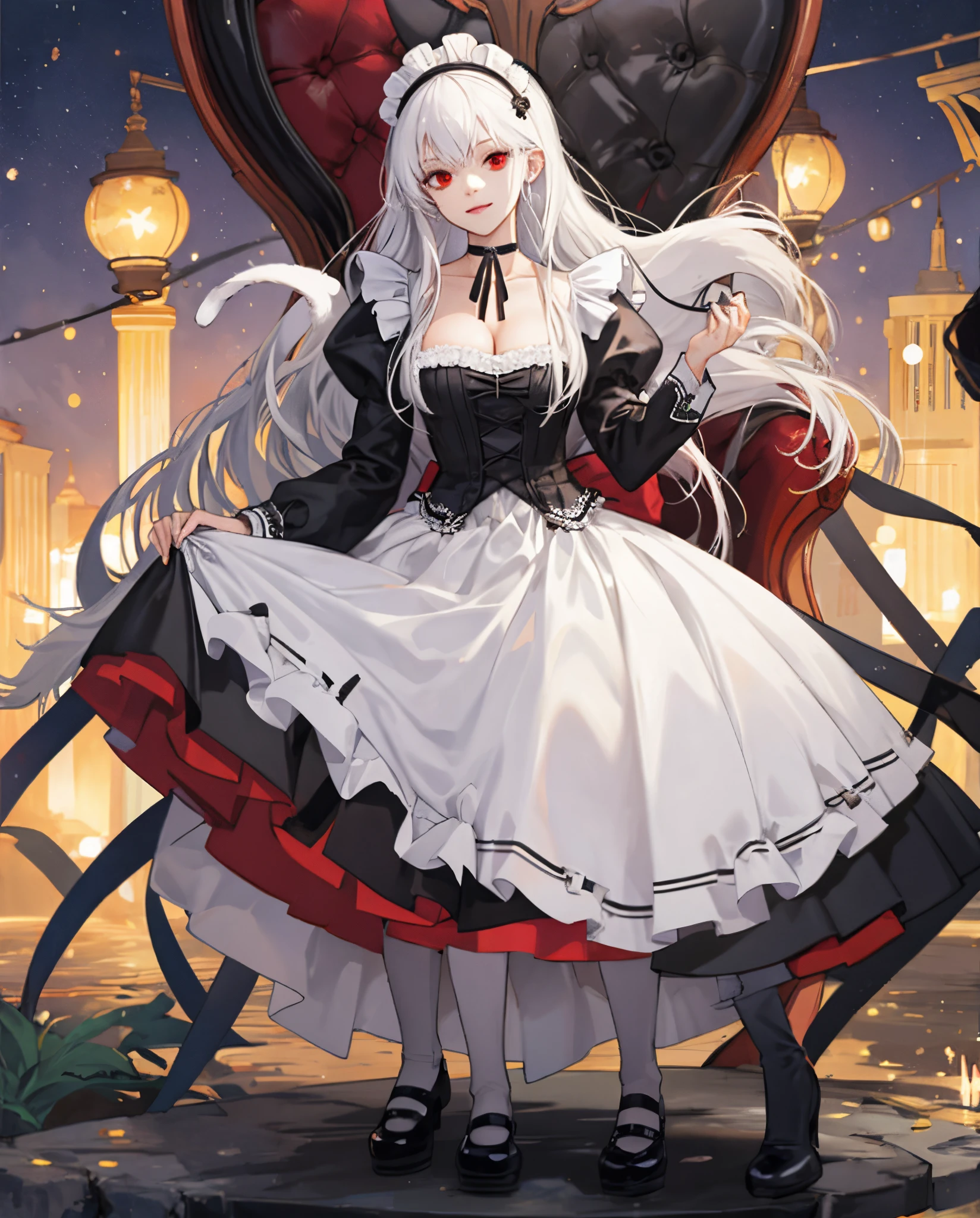 lowres, bad anatomy, bad hands, text, error, missing fingers, extra digit, fewer digits, cropped, worst quality, low quality, normal quality, jpeg artifacts, signature, watermark, username, blurry, bad feet,masterpiece, best quality, girl, vampire, long hair, white hair, red eyes, medium breasts, cleavage dress, black kneehighs, mary_janes, maid_headdress, ribbon_choker, cat_pose, 😊,