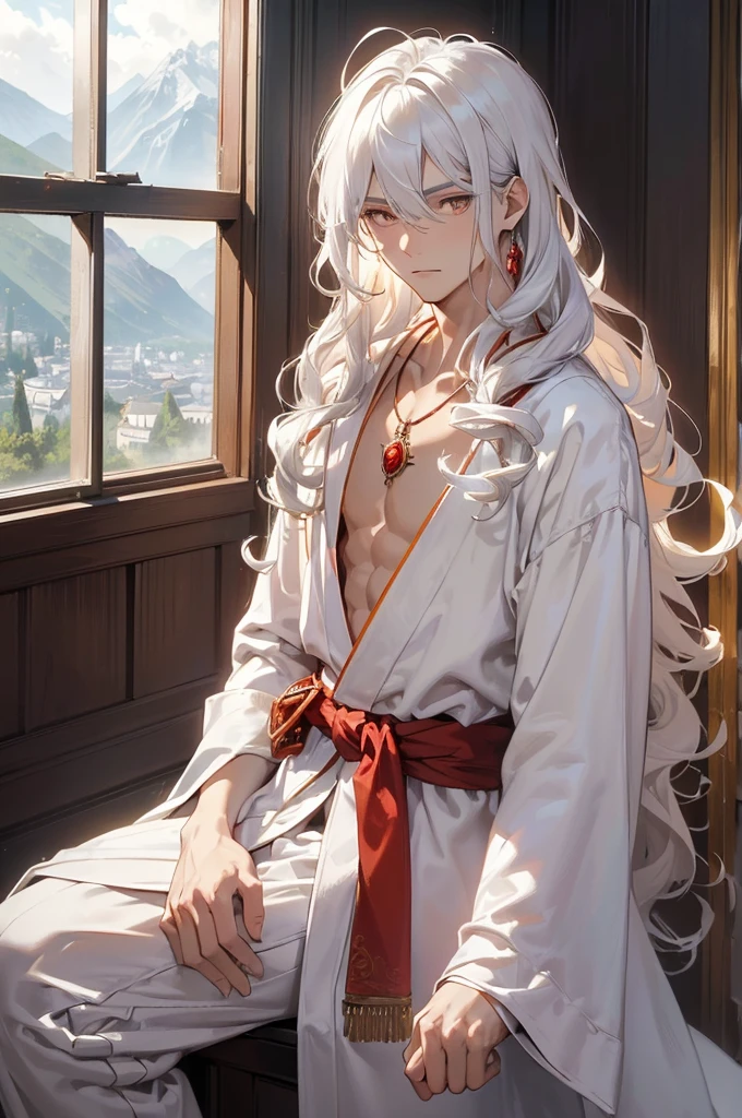 (masterpiece, best quality, high quality), 1boy, ((1guy)), ((unimpressed)) looking at viewer, white hair, (long hair, disheveled hair), young looking, young age, red-orange crystal eyes, :(, flowing hair, curly and wavy hair, wearing a red gemstone pendant, wearing a royal white-coloured male silk robe, intricate patterns on robe, stylish male robe, fashionable, Full sleeve male robe, silk robe, white robe, long robe, long silk pants, young age, staring at viewer, sitting in front of window, giant window behind, mountain-Italy view from window, godrays coming from window, close up, lean and muscular body, muscular abs