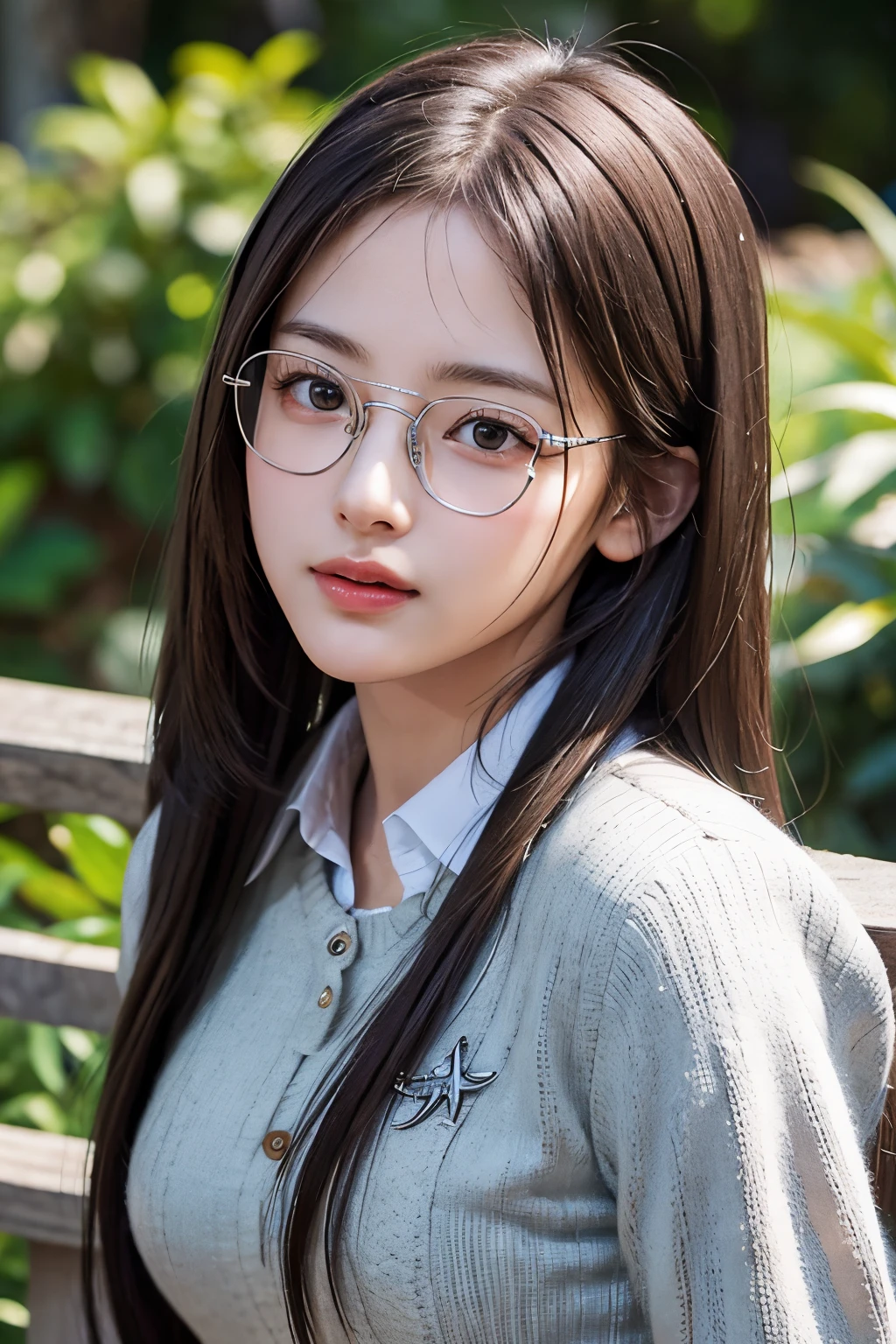 Photorealistic, masutepiece, Best Quality, Raw photo, 1girl in, Solo, Long hair, Brown hair, Detailed face, alluring face, Collared shirt, medium breasts, Dynamic Pose, (thin silver-rimmed glasses:1.2)、 Looking at Viewer, From below, Detailed background, fine detailed, intricate detailes, Ray tracing, depth of fields, lowkey, nffsw