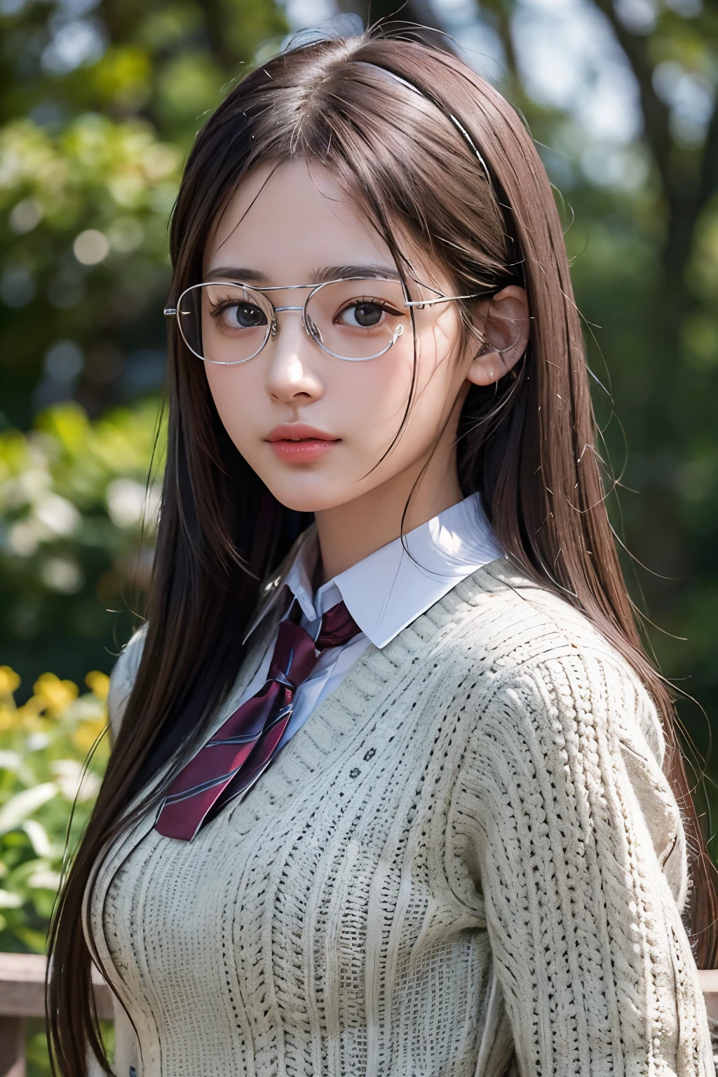 Photorealistic, masutepiece, Best Quality, Raw photo, 1girl in, Solo, Long hair, Brown hair, Detailed face, alluring face, Collared shirt, medium breasts, Dynamic Pose, (thin silver-rimmed glasses:1.2)、 Looking at Viewer, From below, Detailed background, fine detailed, intricate detailes, Ray tracing, depth of fields, lowkey, nffsw