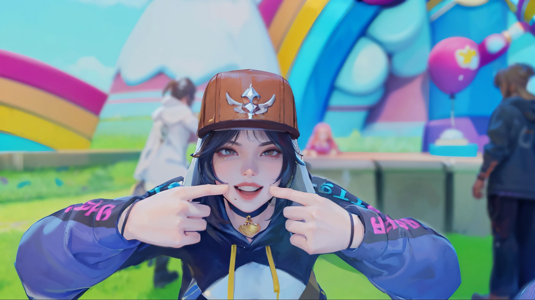 masterpiece, best quality, 1 girl, solo, girl wearing hat, black haired girl, hoodie, wearing hoodie detailed fingers, detailed hands, detailed face, detailed lips, detailed eyes, detailed eyebrows, detailed arms, detailed hands, detailed hairs, detailed clothes, pretty face, pretty lips, pretty mouths, pretty eyes, realistic, women grinning, pretty nose, pretty eyelids, women pointing to camera, moustache, pretty face, pretty hands, no blurs, 4k resolution, high definition image, index finger opened mouth, teeth showing, grin, normal skin color, women wearing a golden heart necklaces around neck, golden heart necklace