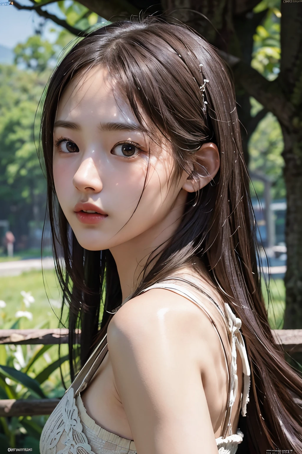 One woman,fully body photo,masutepiece, The highest image quality, High quality, the background is clear,Beautiful woman, Japanese, Detailed, Detailed eyes, Detailed skin, Beautiful skin, 超hight resolution, (reality: 1.4),Very beautiful woman, Slightly younger face, Beautiful skin, slender, (Ultra photo realsisim), (hight resolution), (8K), (Very detailed) (beautifully detailed eyes), (super detailed), (Detailed face), view the viewer, Fine details, Detailed face, Staring straight ahead, Staring straight ahead, photos realistic, Bright lighting, Professional Lighting, Black hair,poneyTail,a baby face,sixteen years old,Hairstyle: ponytail,wear a ribbon,Long ponytail hairstyle,winking,Clear sky, on grass, naked portrait, nude photography, shiny nipple, show armpit, no clothes, bare naked