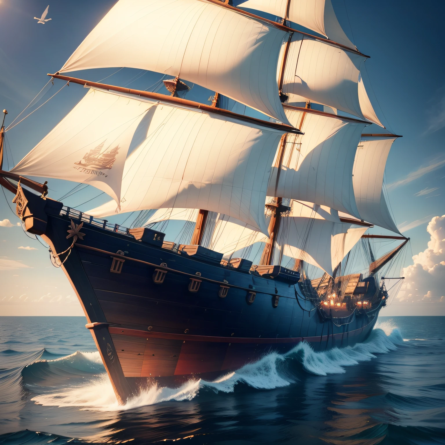 calm sea, a brig (wooden ship) and magnificent. 3D, 4k ((Same ship, front, from the side, Back))