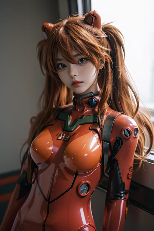 full shot, souryuu asuka langley, asuka cosplay costume, cosplay, plugsuit, bodysuit, hair ornament, interface headset, red bodysuit