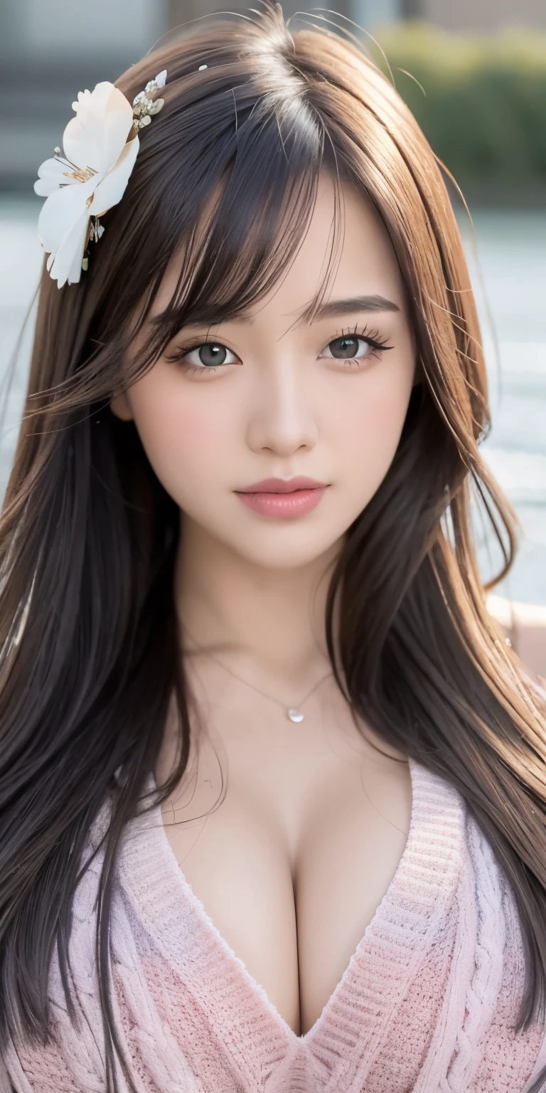 1girl walking on the river, mix4, sweater, pillow, lips, open_mouth, realistic, photo_\(medium\), solo, stuffed_animal, stuffed_toy, teddy_bear,(masterpiece),(photorealistic:1.3), ultra-detailed, (high detailed skin:1.2),(best quality:1.0), (ultra highres:1.0), (ulzzang-6500:0.3), wavy detailed hair, long hair, sunshine, (beautiful detailed makeup), (sexually aroused blushing heavy breathing:1.0), floral theme flower petals scattered, (soft glow bloom:0.5)