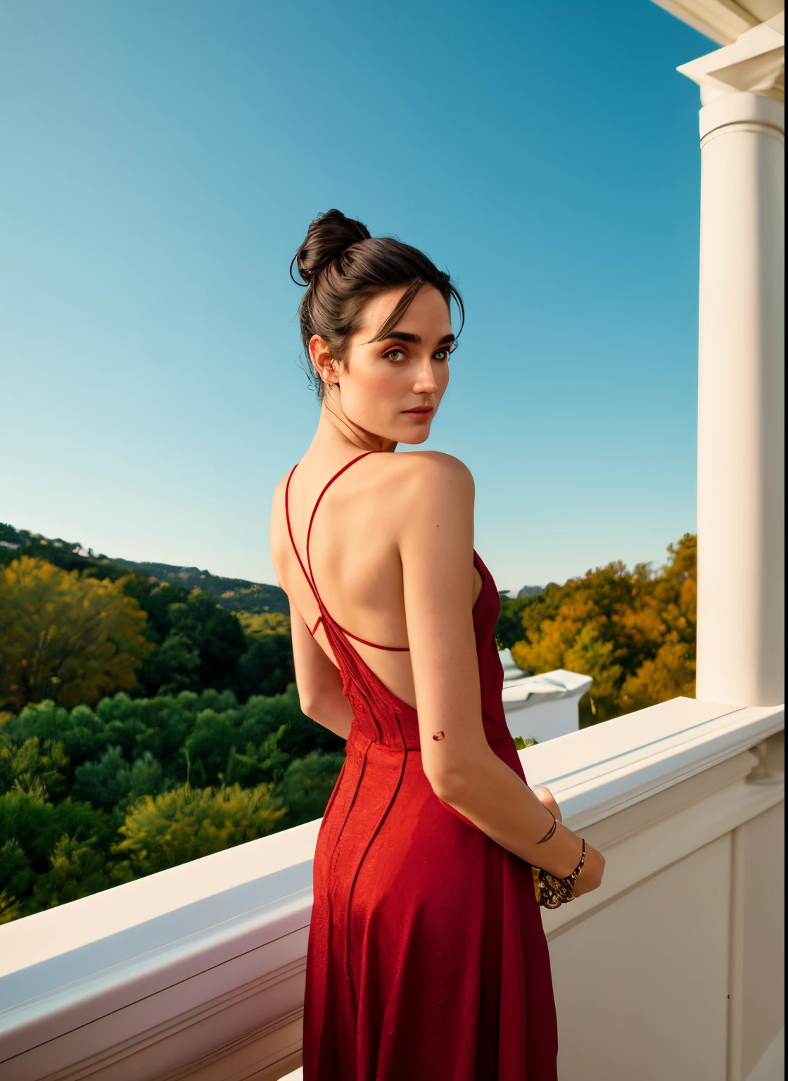 wearing elegant red dress, portrait, outside, portrait, eyes open,  ward winning photo, best quality, upper body, JenniferConnelly, nikon d850 film stock photograph 4 kodak 400 camera f1.6 lens rich colors hyper realistic lifelike texture natural lighting trending on artstation cinestill 800, (100mm lens)