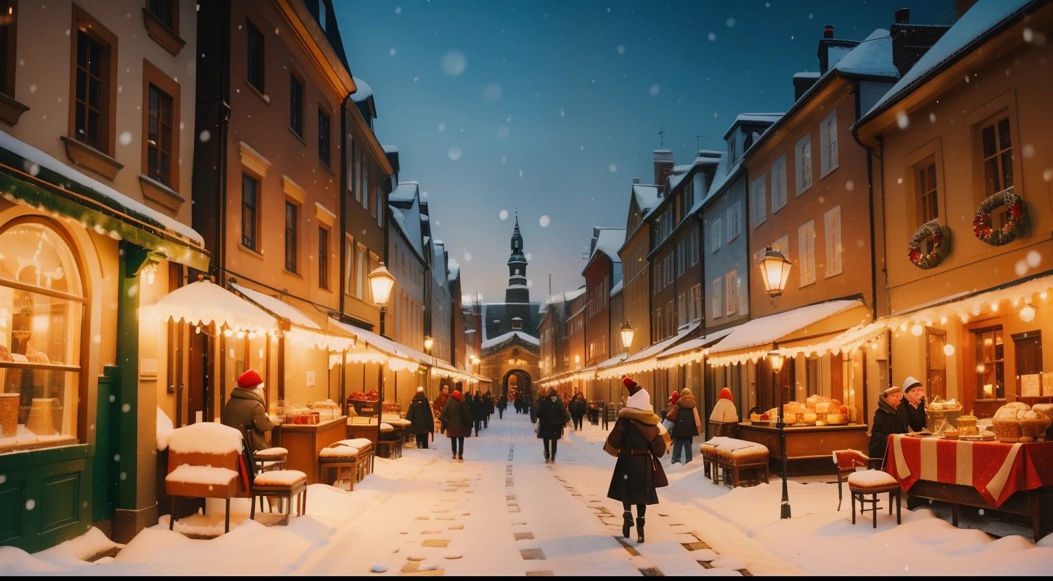 December in a quaint European town: Cobblestone streets, softly lit lampposts, historic architecture adorned with twinkling fairy lights, a cozy cafe with steamed windows, people wrapped in scarves, carrying bags with festive ribbons, a street musician playing a holiday tune, a light dusting of snow, and a glimpse of a festive market in the town square