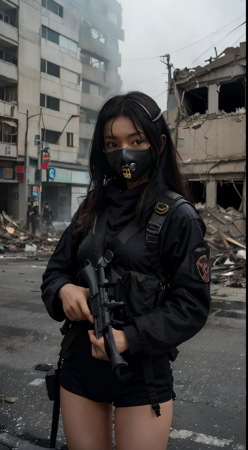 1 girl Japanese cute, perfect girl body,eyes looking at the camera, (black hair short, black wearing tactical gear, holding AK47 in hand, cold face, tall body, detailed face, detailed eyes, gas mask), collapsed city, tank , smoke and fog, collapsed buildings, damaged roads, realistic,timur Tengah