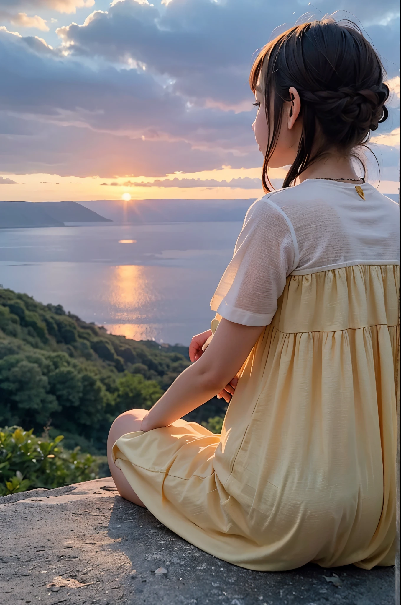 The sky is raining，The back of a  girl，Sitting on the edge of the cliff，There are sunsets，There are birds flying in the sky