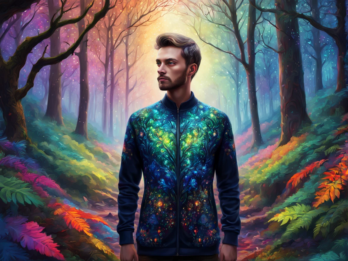 portrait, man, full body, forest, art by (Akrokan), mesmerizing digital painting, vivid colors, elaborate, breathtaking, chromatic nanotechnology, magnificent, iridescent particles, mesmerizing pattern of kaleidoscopic colors, nanotechnological display, vibrant hues, (detailed:1.4), best quality, particles, digital painting, H!D