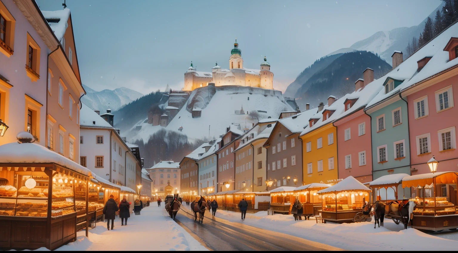 December. Salzburg, Austria. Altstadt charm. Hohensalzburg Fortress lights. Makartsteg Bridge sparkle. Roasted chestnuts scent. Charming market stalls. Cozy Cafes, glowing warmth. Getreidegasse windows beckon. Horse-drawn carriage, cobbled streets, powdered snow