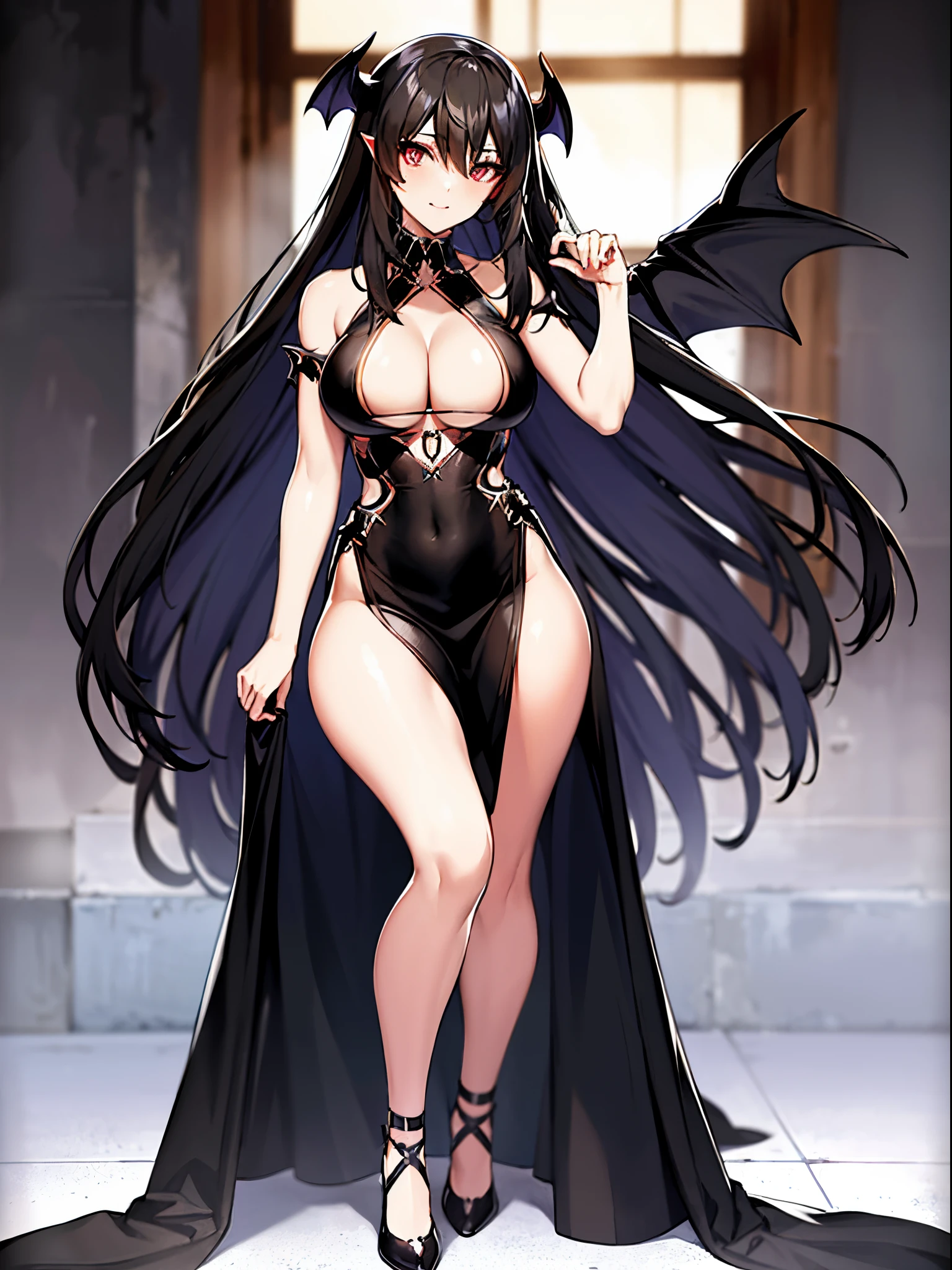 anime - style image of a woman in a black dress and a black cape, seductive anime girl, anime girl wearing a black dress, beautiful alluring anime woman, succubus in tight short dress, style artgerm, small curvy , thicc, extremely detailed artgerm, cute anime waifu in a nice dress, range murata and artgerm, majestic demon wings, demon tail, big breast, cleavage