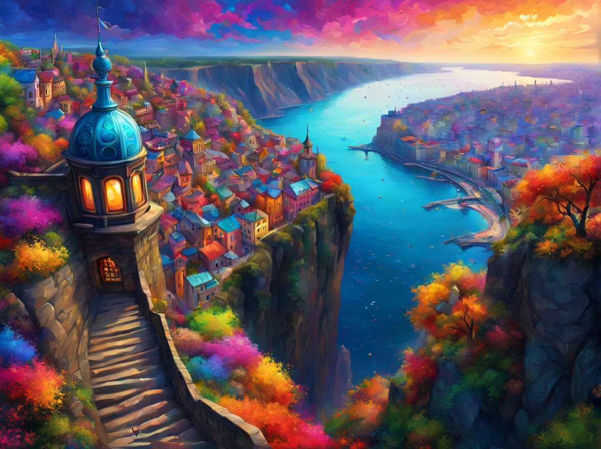 on a cliff, looking at the city, art by (Akrokan), mesmerizing digital painting, vivid colors, elaborate, breathtaking, chromatic nanotechnology, magnificent, iridescent particles, mesmerizing pattern of kaleidoscopic colors, nanotechnological display, vibrant hues, (detailed:1.4), best quality, particles, digital painting, H!D
