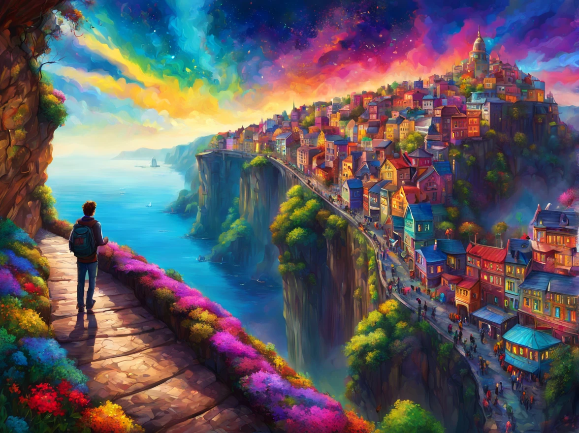 on a cliff, looking at the city, art by (Akrokan), mesmerizing digital painting, vivid colors, elaborate, breathtaking, chromatic nanotechnology, magnificent, iridescent particles, mesmerizing pattern of kaleidoscopic colors, nanotechnological display, vibrant hues, (detailed:1.4), best quality, particles, digital painting, H!D