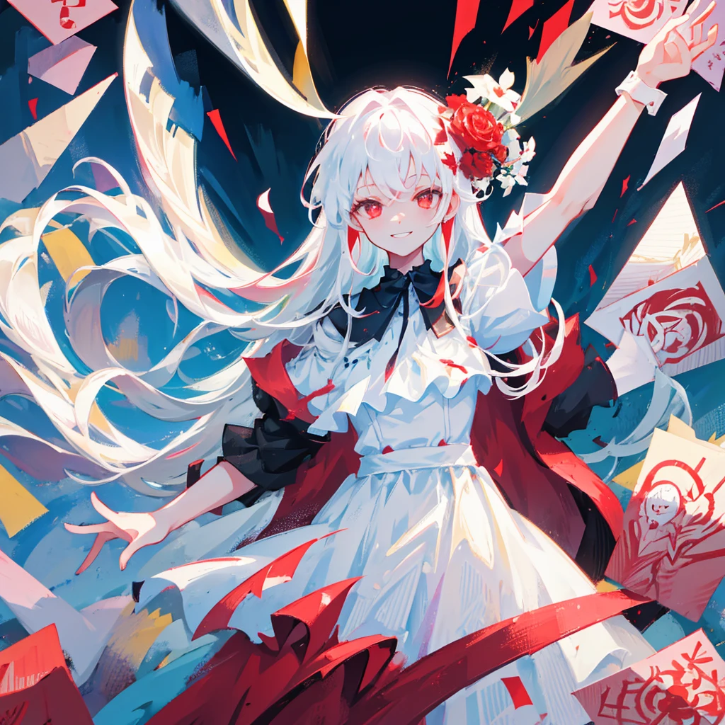a pregirl,Wearing a white dress,long white hair,Blood-red eyes,Weird and penetrating smile,There are flower cards floating around