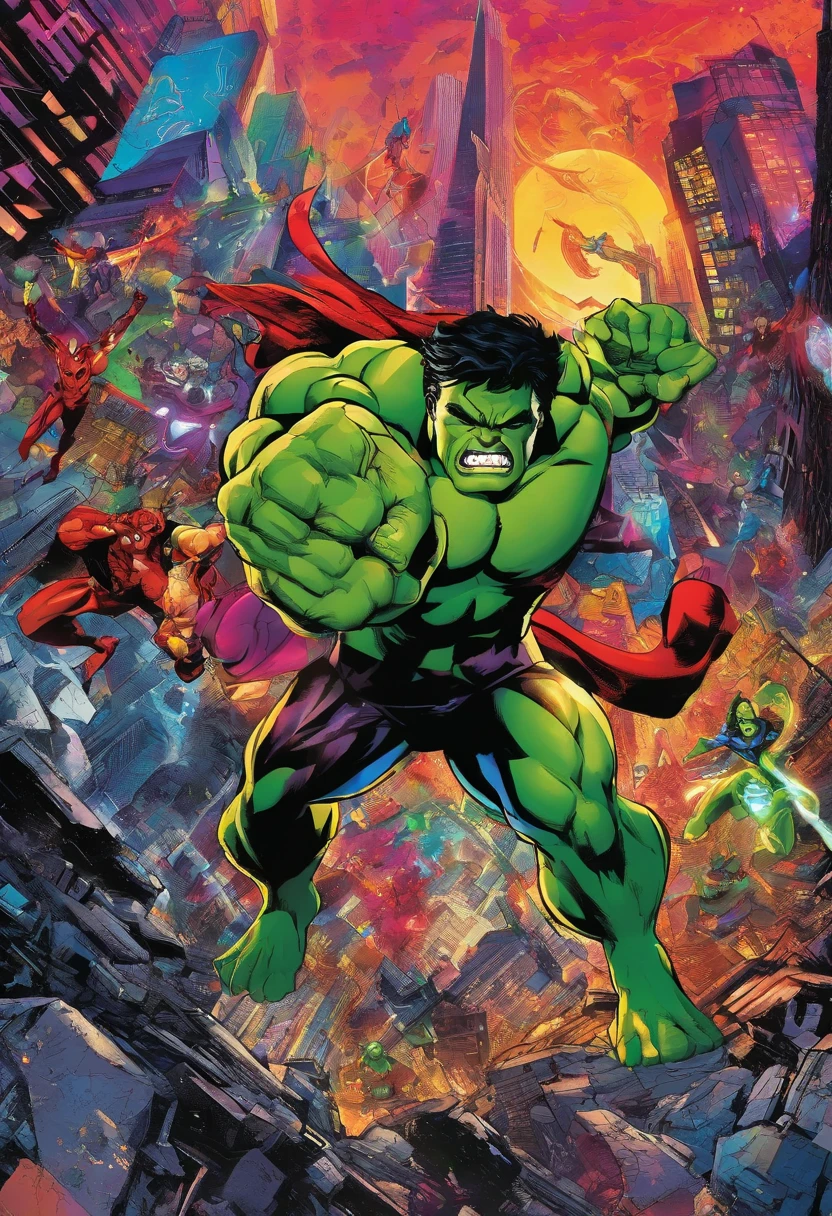 Homem-Aranha, Hulk, Homem de Ferro, THOR, Black Widow was involved in an epic showdown on top of a destroyed mountain, shiny skyscraper, between cascading neon lights, Roda, Vibrant cosmic tones, Marvel's best heroes face explosive energy, Rendered in breathtaking 8k resolution, ultra-detalhado, similar to Alex Ross's iconic realism.