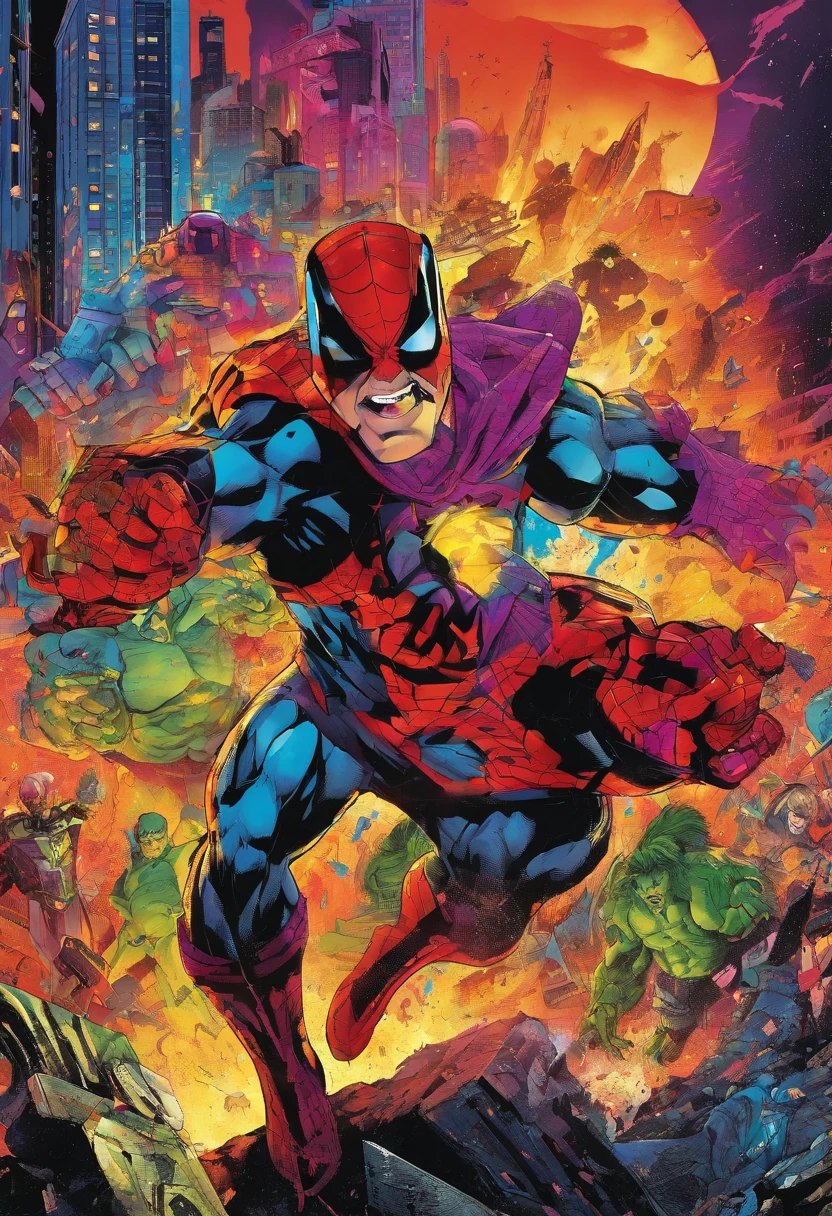 Homem-Aranha, Hulk, Homem de Ferro, THOR, Black Widow was involved in an epic showdown on top of a destroyed mountain, shiny skyscraper, between cascading neon lights, Roda, Vibrant cosmic tones, Marvel's best heroes face explosive energy, Rendered in breathtaking 8k resolution, ultra-detalhado, similar to Alex Ross's iconic realism.