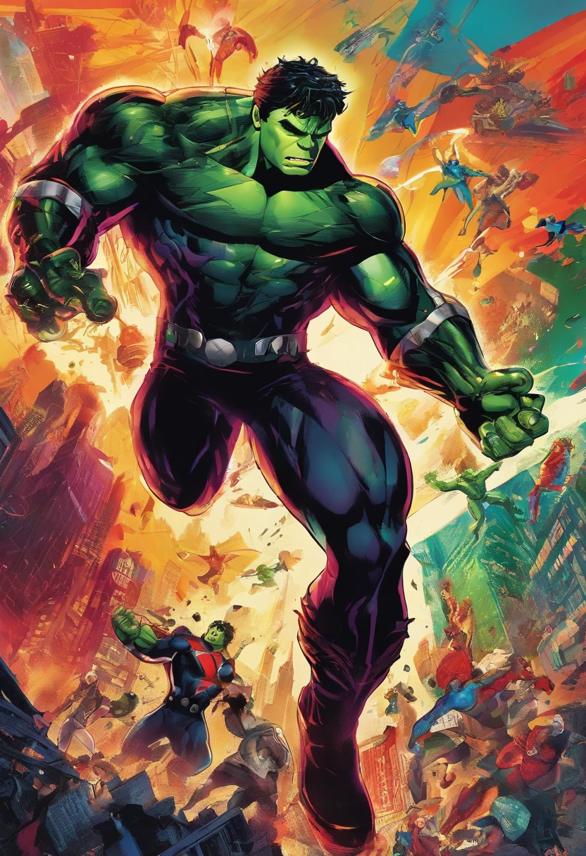 Homem-Aranha, Hulk, Homem de Ferro, THOR, Black Widow was involved in an epic showdown on top of a destroyed mountain, shiny skyscraper, between cascading neon lights, Roda, Vibrant cosmic tones, Marvel&#39;s best heroes face explosive energy, Rendered in breathtaking 8k resolution, ultra-detalhado, similar to Alex Ross&#39;s iconic realism.
