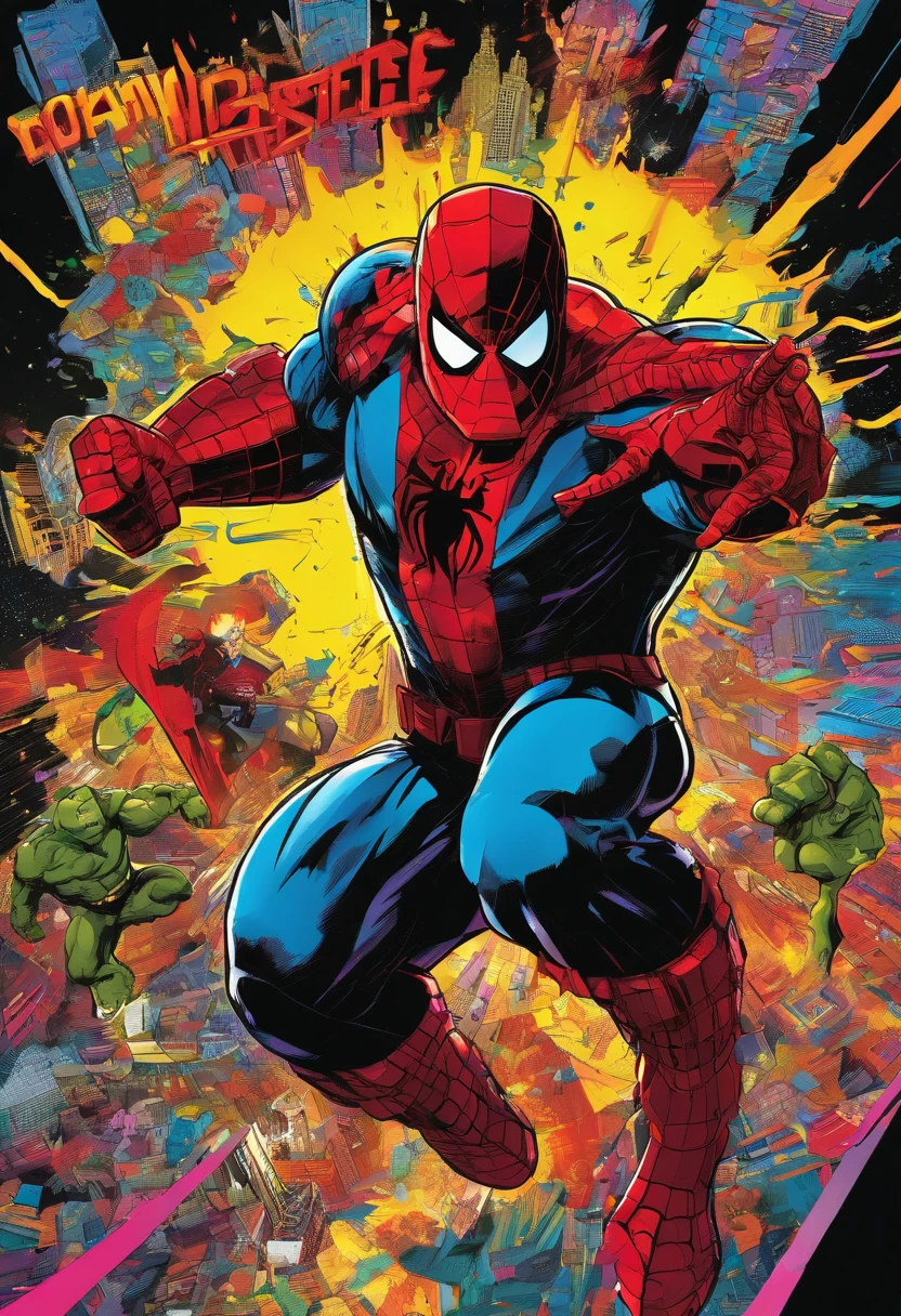 Homem-Aranha, Hulk, Homem de Ferro, THOR, Black Widow was involved in an epic showdown on top of a destroyed mountain, shiny skyscraper, between cascading neon lights, Roda, Vibrant cosmic tones, Marvel's best heroes face explosive energy, Rendered in breathtaking 8k resolution, ultra-detalhado, similar to Alex Ross's iconic realism.